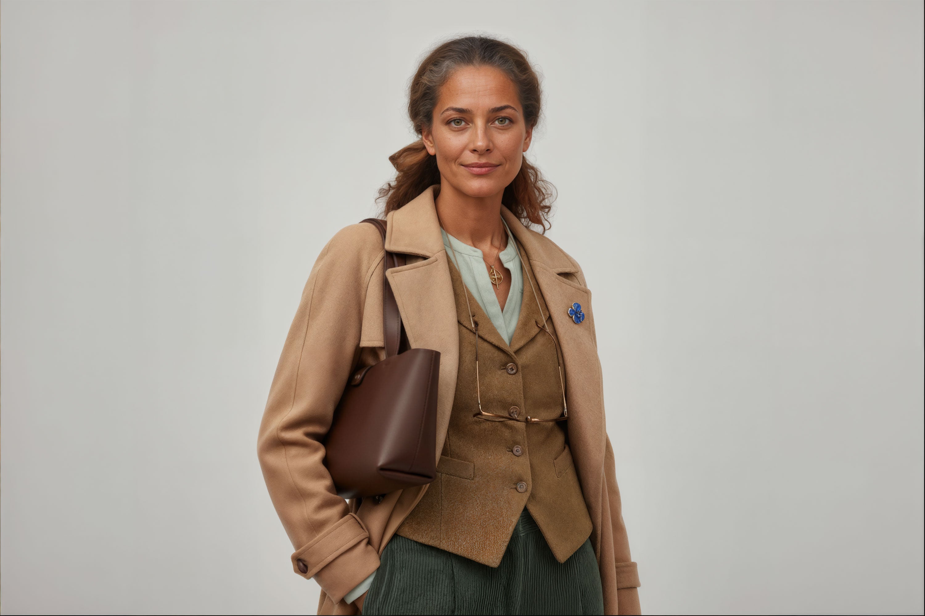 Karin Tote Bag Small Dark Brown Color On A Woman Model Premium Leather Royal Blue Color Magnetic Closure Minimalist Design Atelier Madre Manuel Dreesmann Barcelona Spain