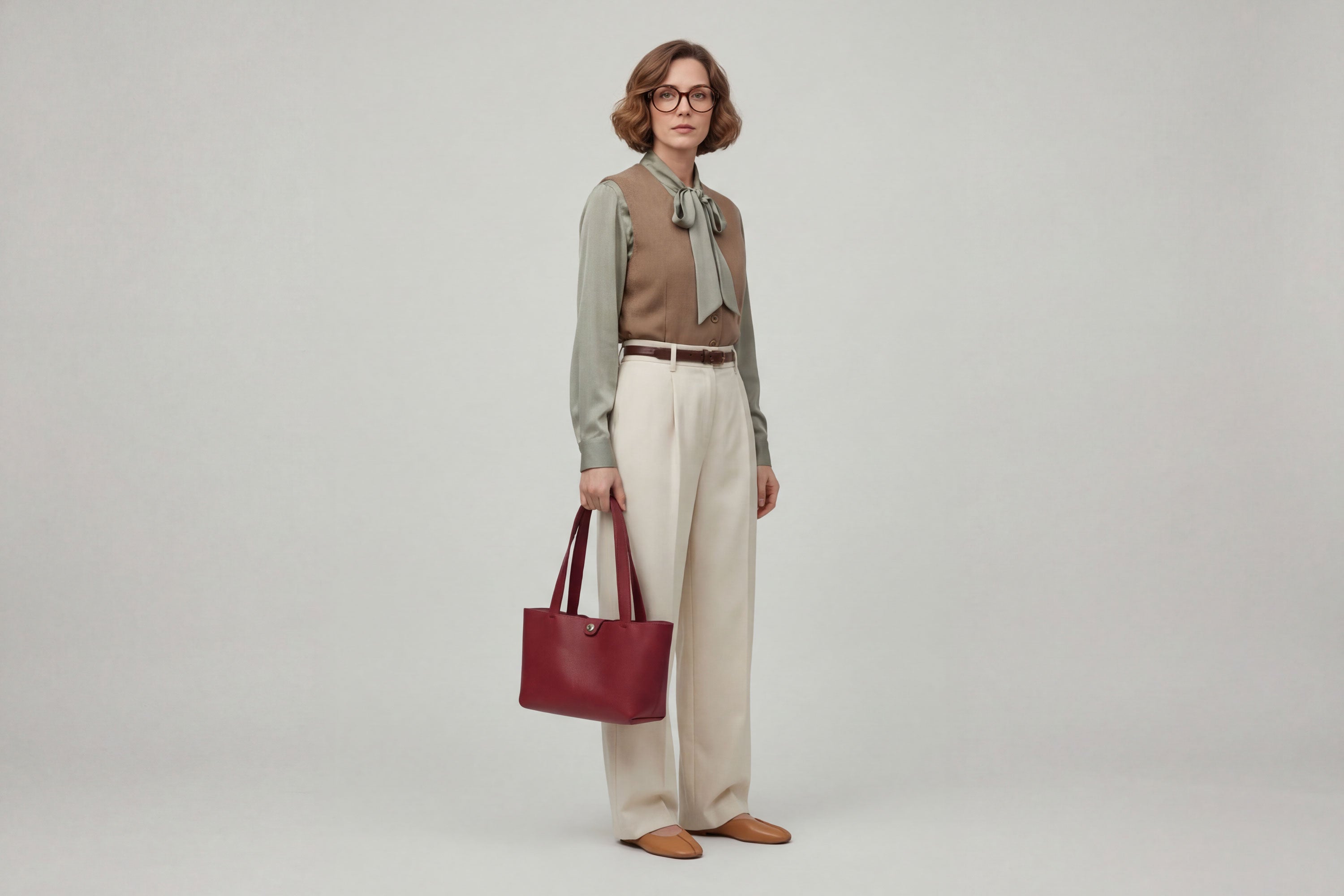 Karin Tote Bag Small Red Color On A Woman Model Premium Leather Royal Blue Color Magnetic Closure Minimalist Design Atelier Madre Manuel Dreesmann Barcelona Spain