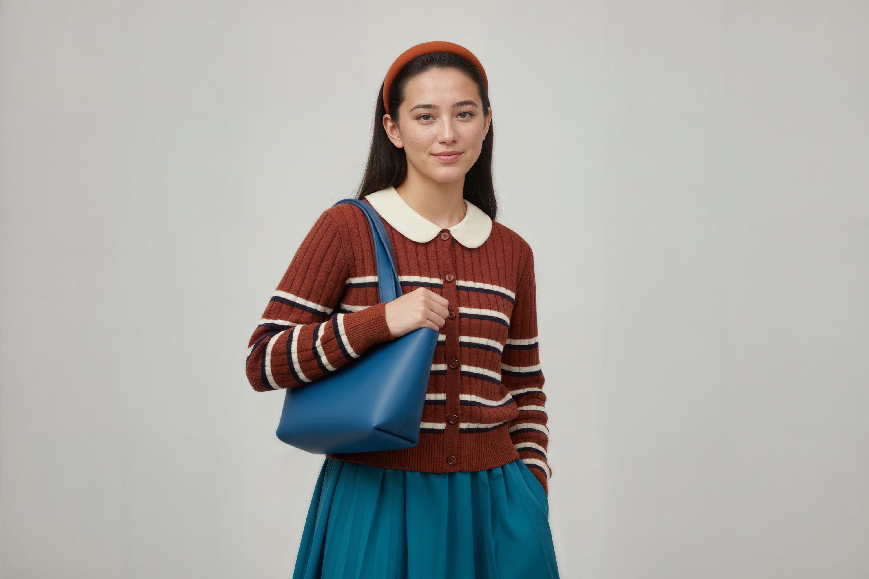 Karin Tote Bag Small Red Color On A Woman Model Premium Leather Royal Blue Color Magnetic Closure Minimalist Design Atelier Madre Manuel Dreesmann Barcelona Spain