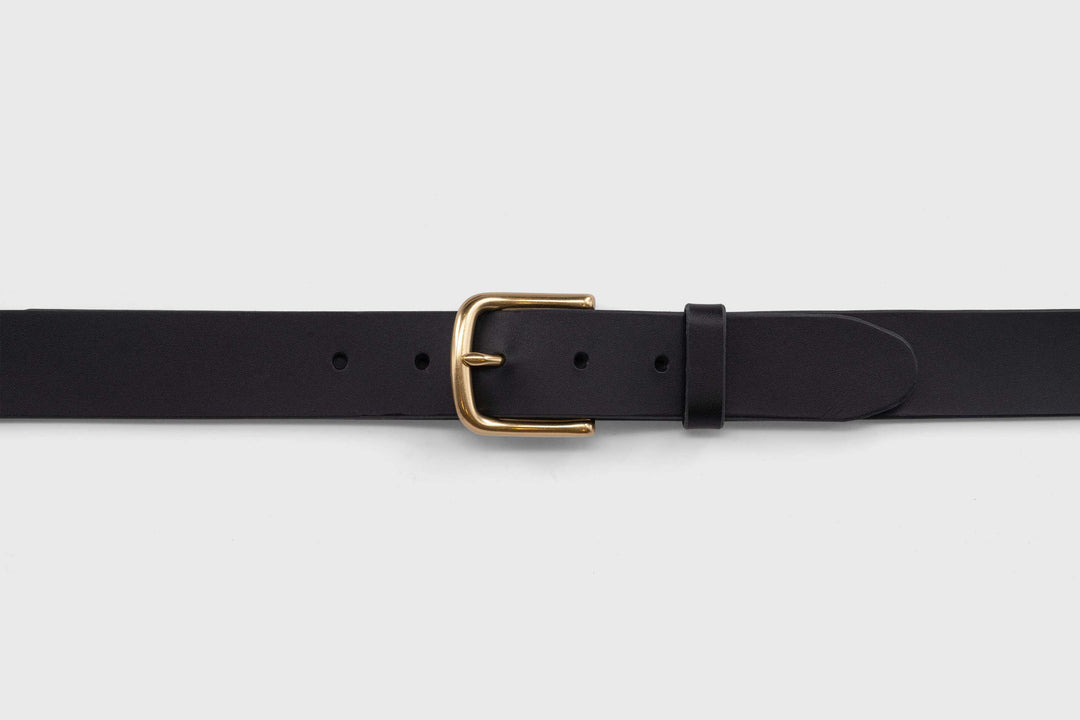 Vtg. Black Calfskin Leather Belt 
W/ Solid Brass Plate European Modèle Déposé Vintage Calf Leather Belt with Natural Brass Buckle - w  main image 3