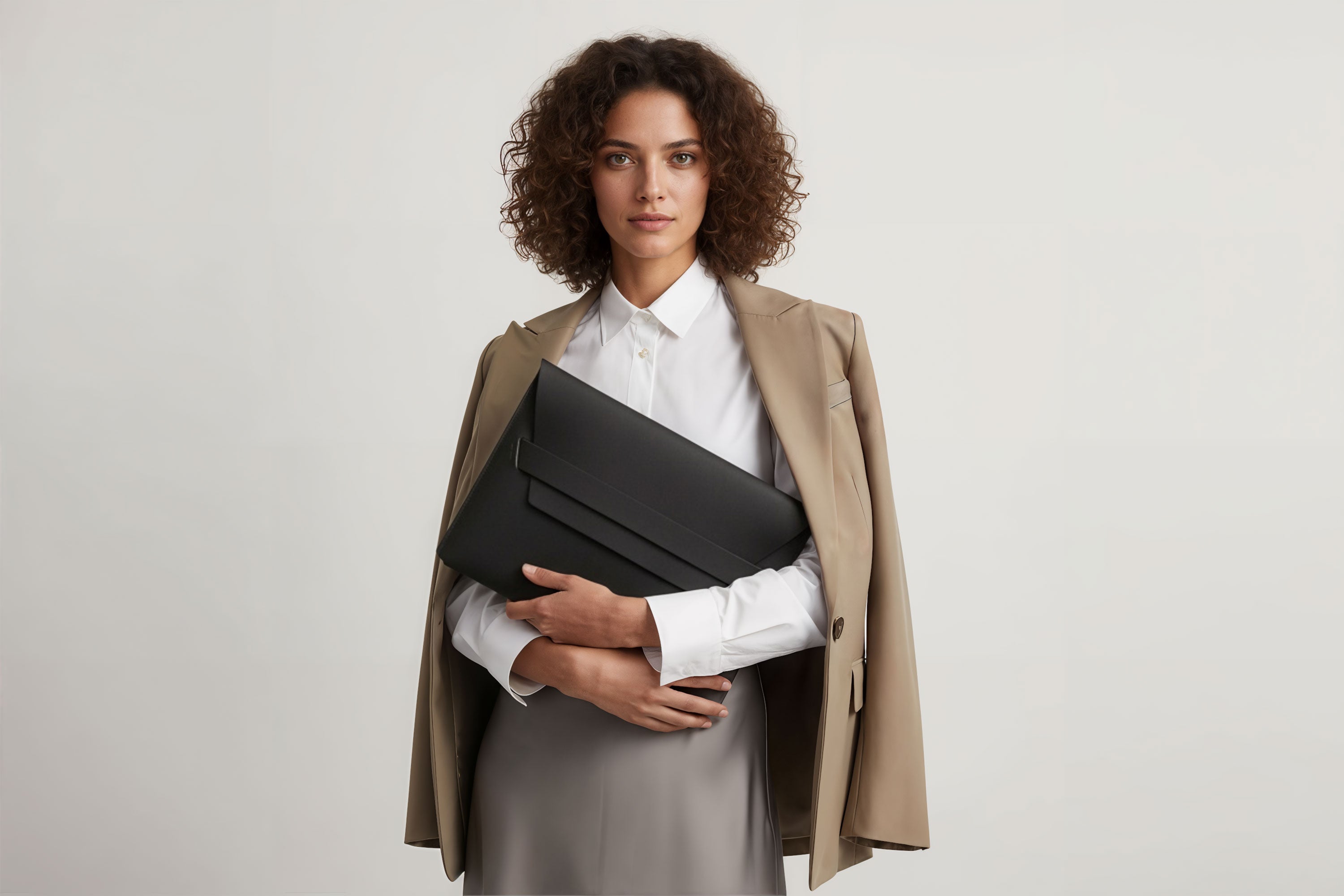 A woman holding a leather sleeve for a MacBook in black color in front of bright background minimalistic design atelier Madre Manuel Dreesmann Barcelona Spain