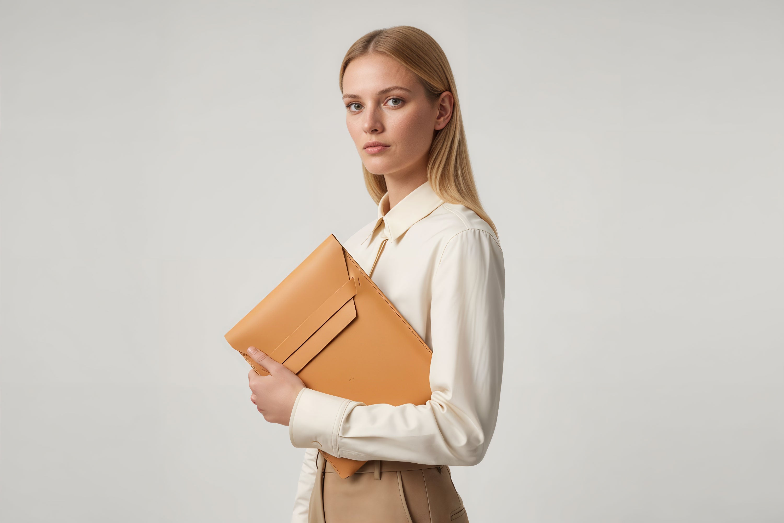 Woman holding a leather sleeve for a MacBook in brown color in front of bright background minimalistic design atelier Madre Manuel Dreesmann Barcelona Spain