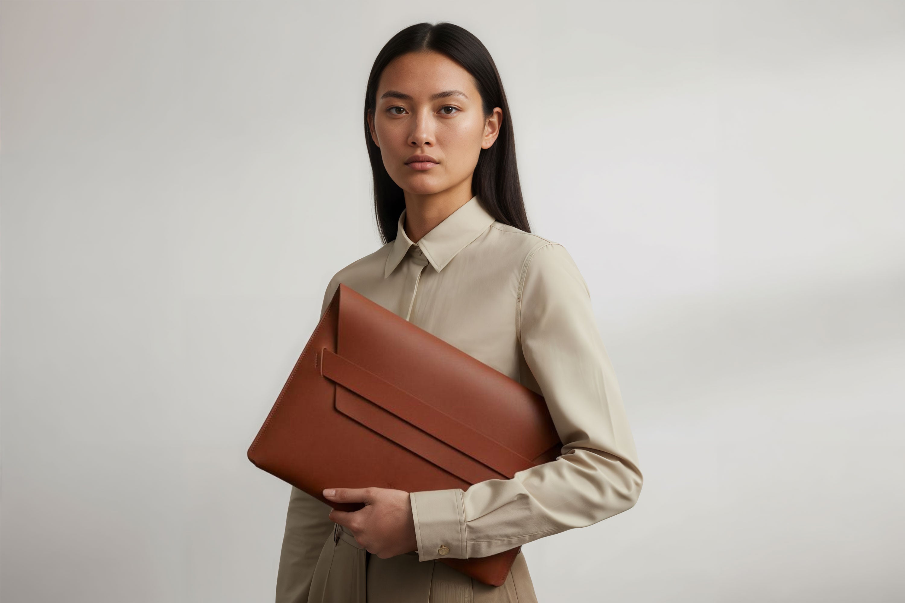 Woman holding a leather sleeve for a MacBook in dark brown color in front of bright background minimalistic design atelier Madre Manuel Dreesmann Barcelona Spain
