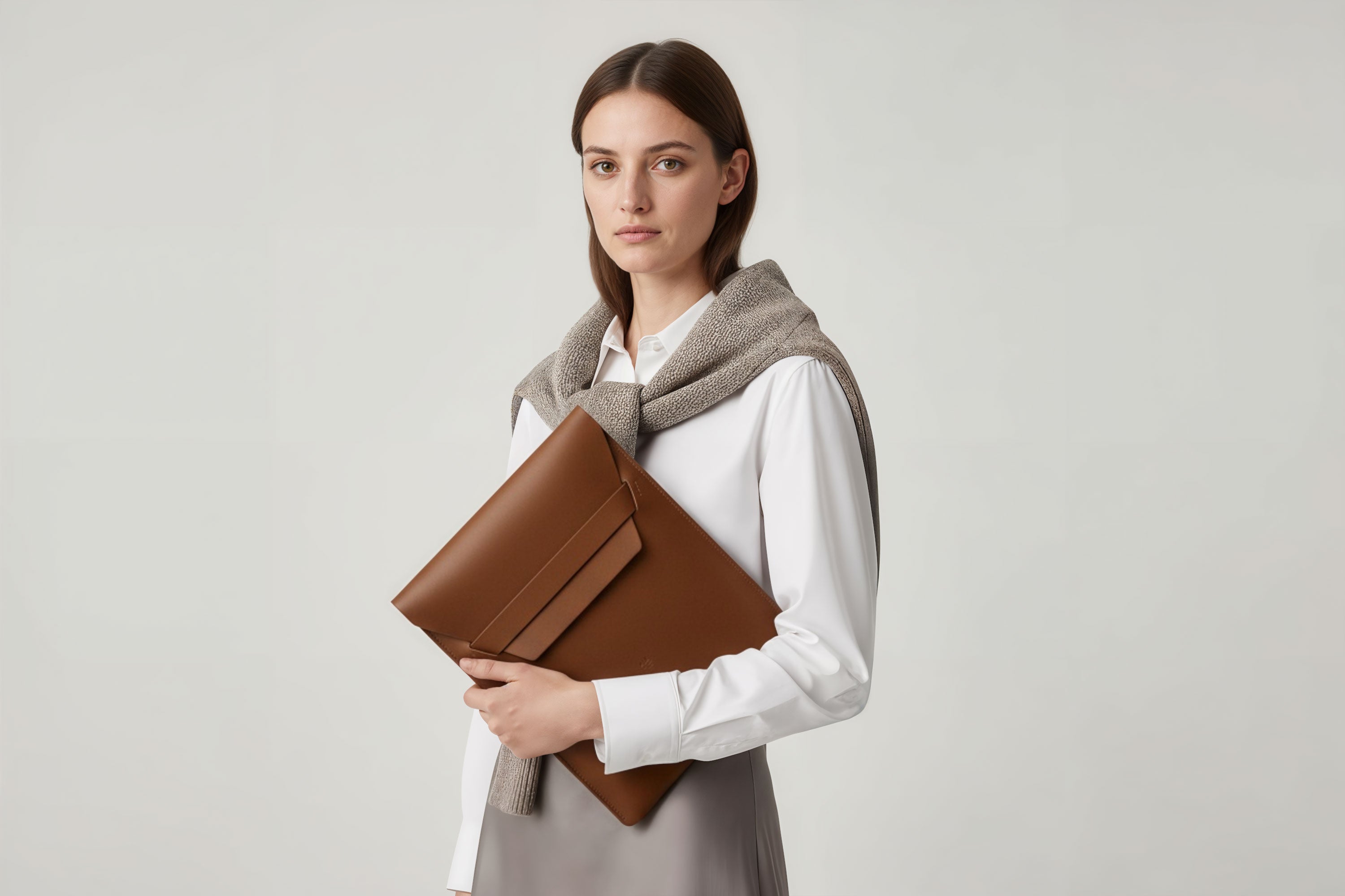 Woman holding a leather sleeve for a MacBook in dark brown color in front of bright background minimalistic design atelier Madre Manuel Dreesmann Barcelona Spain