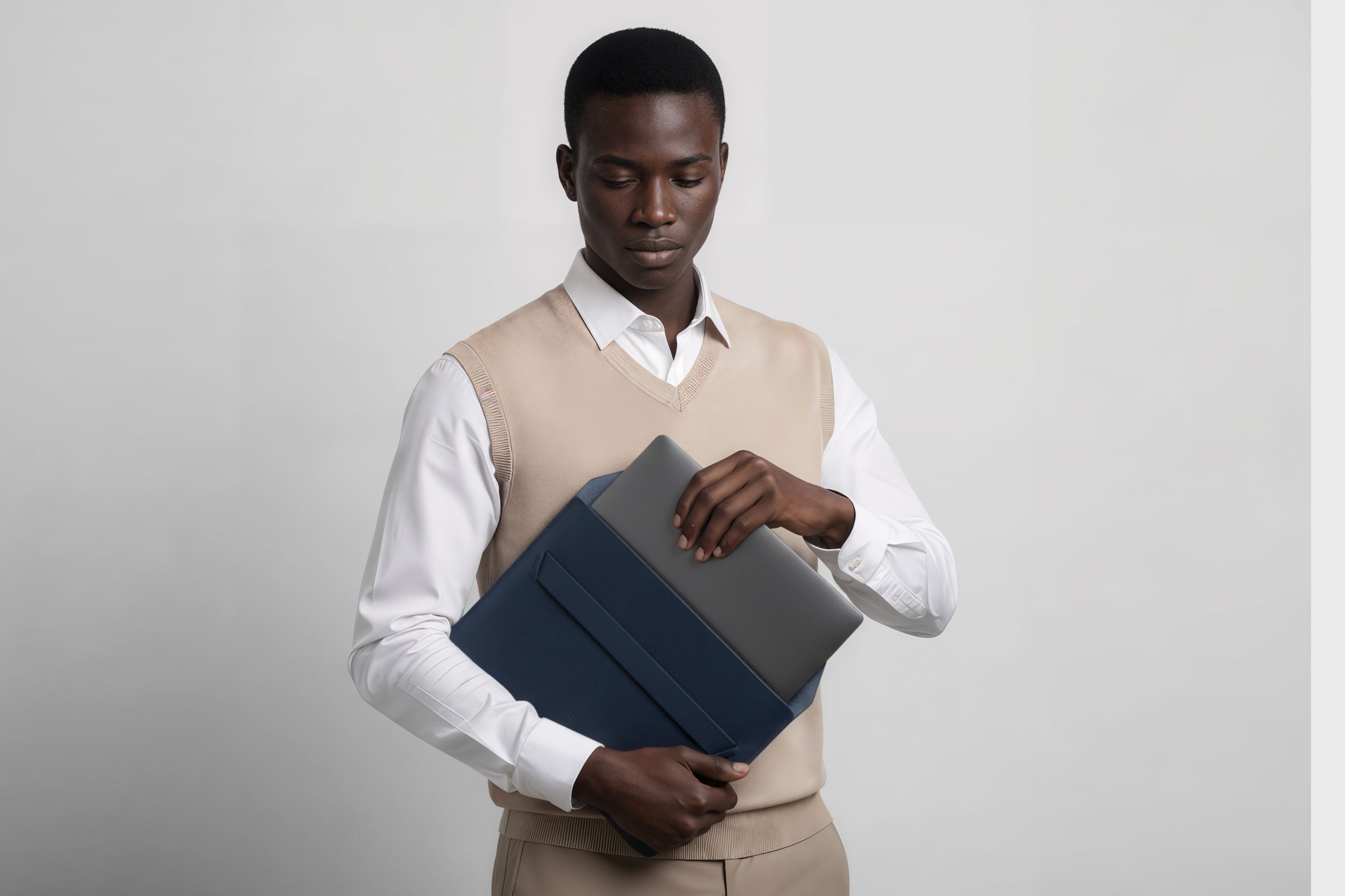 Man holding a leather sleeve for a MacBook in marine blue color in front of bright background minimalistic design atelier Madre Manuel Dreesmann Barcelona Spain