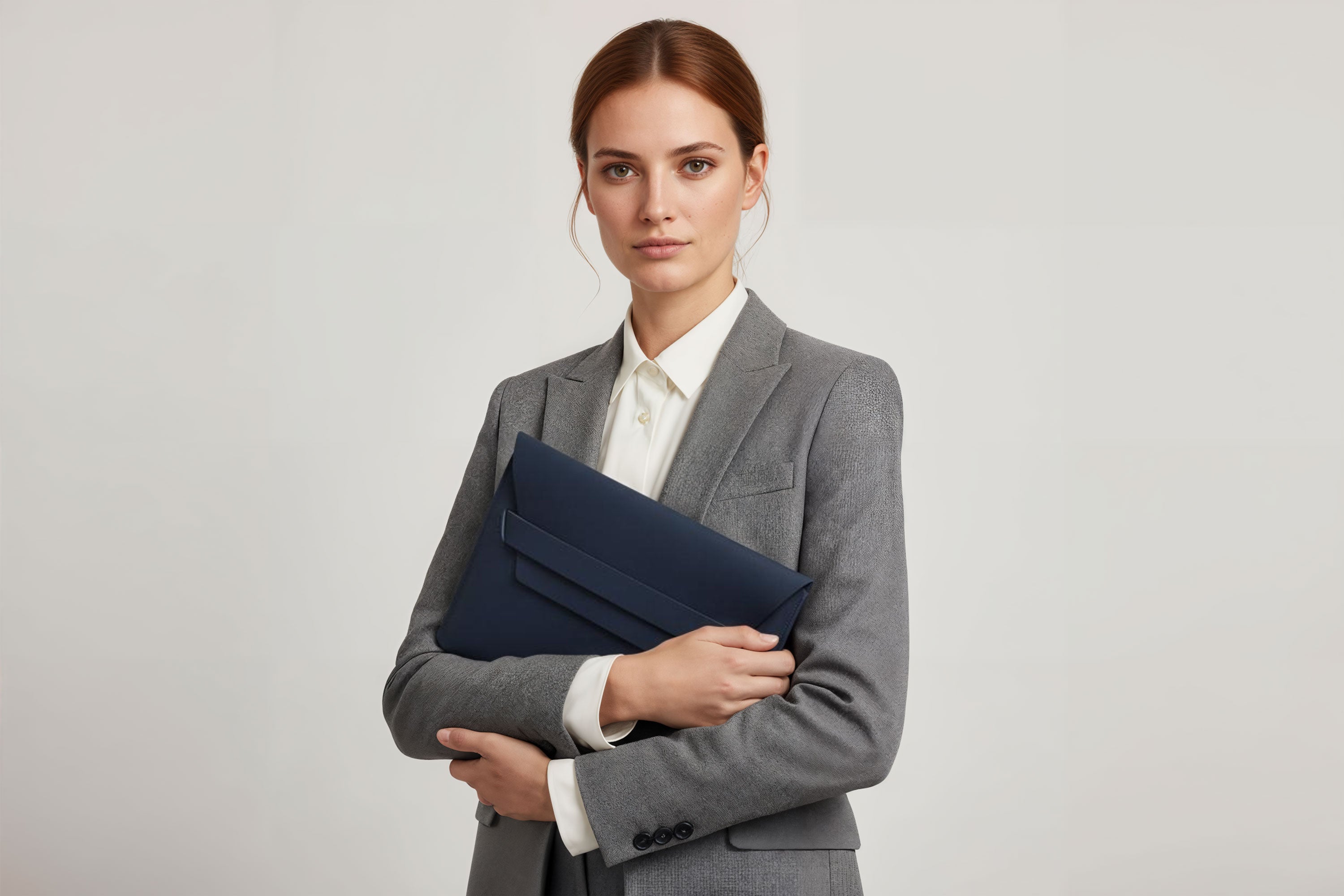 Woman holding a leather sleeve for a MacBook in marine blue color in front of bright background minimalistic design atelier Madre Manuel Dreesmann Barcelona Spain