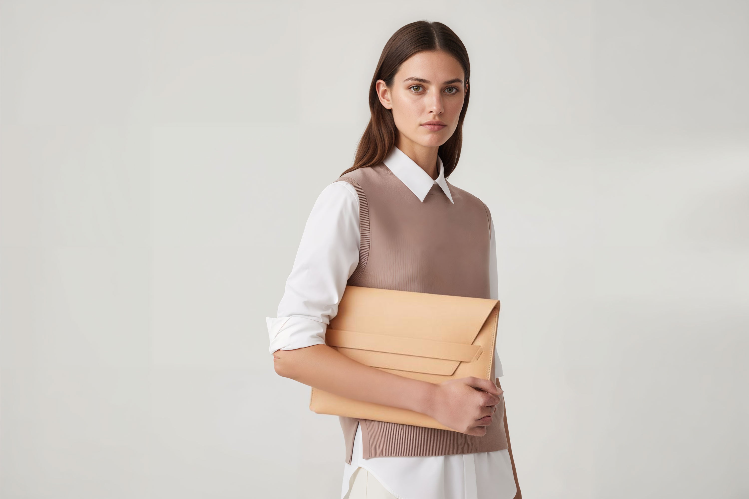 Woman holding a leather sleeve for a MacBook in natural color in front of bright background minimalistic design atelier Madre Manuel Dreesmann Barcelona Spain