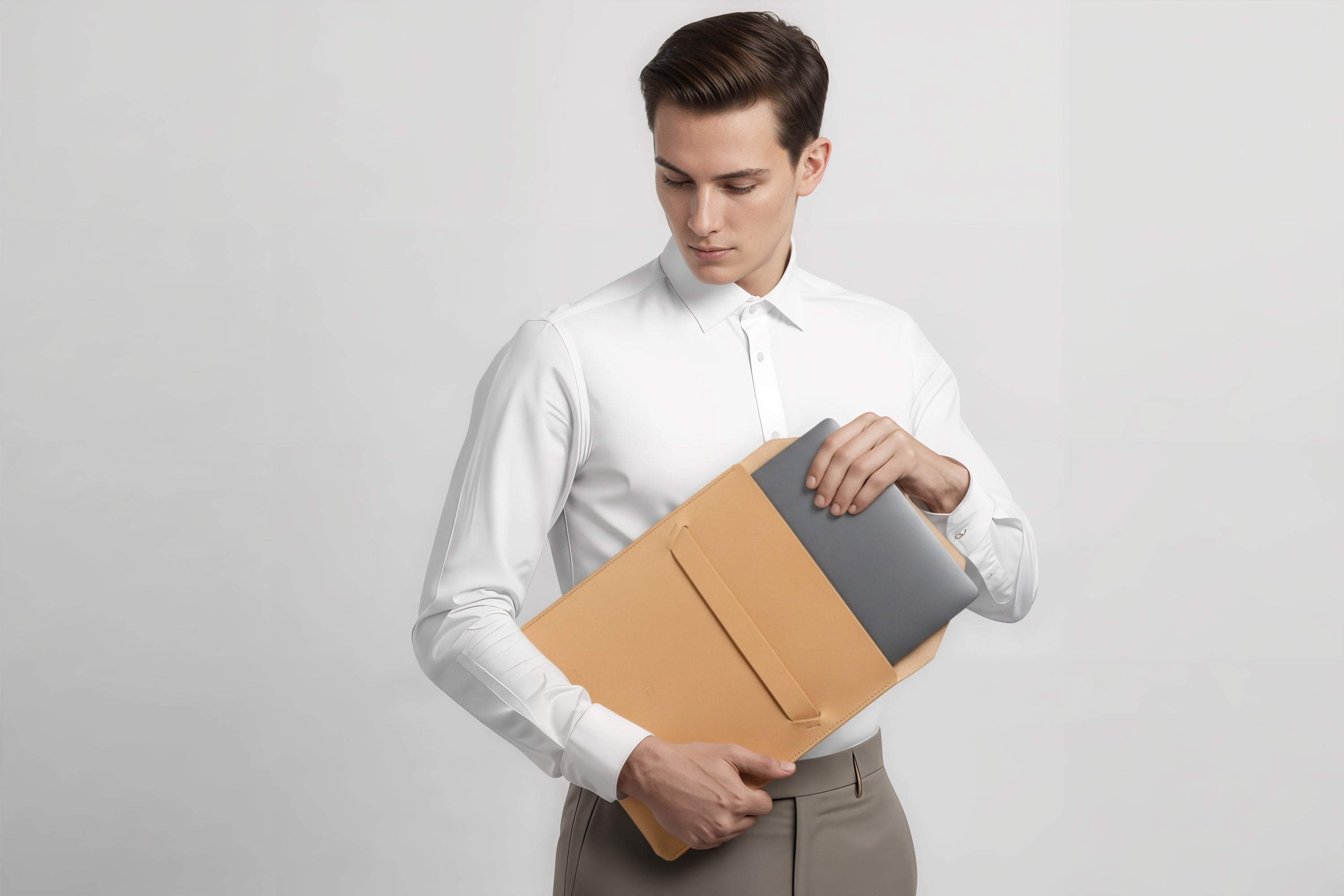 Man holding a leather sleeve for a MacBook in natural color in front of bright background minimalistic design atelier Madre Manuel Dreesmann Barcelona Spain