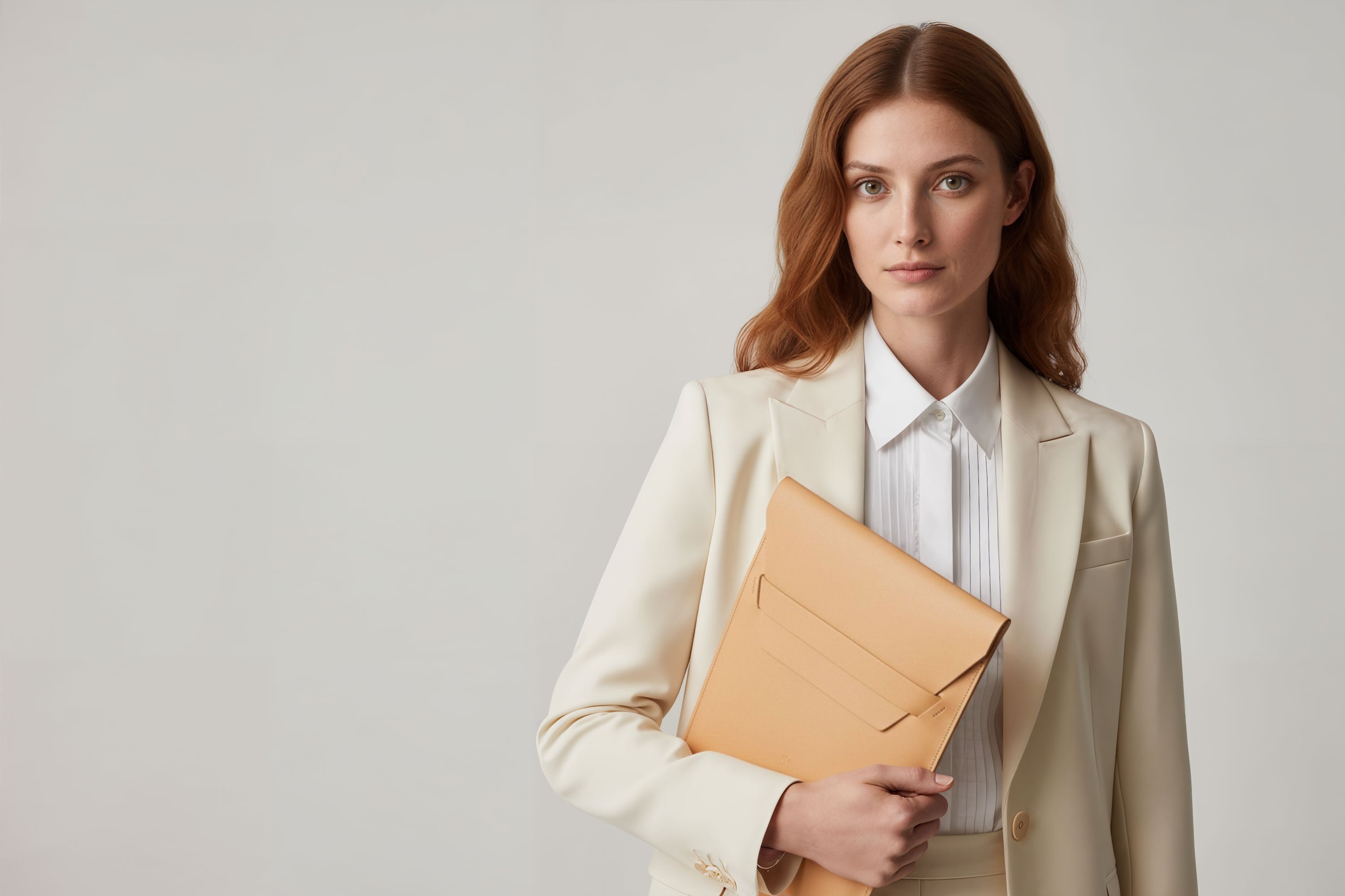 Woman holding a leather sleeve for a MacBook in natural color in front of bright background minimalistic design atelier Madre Manuel Dreesmann Barcelona Spain