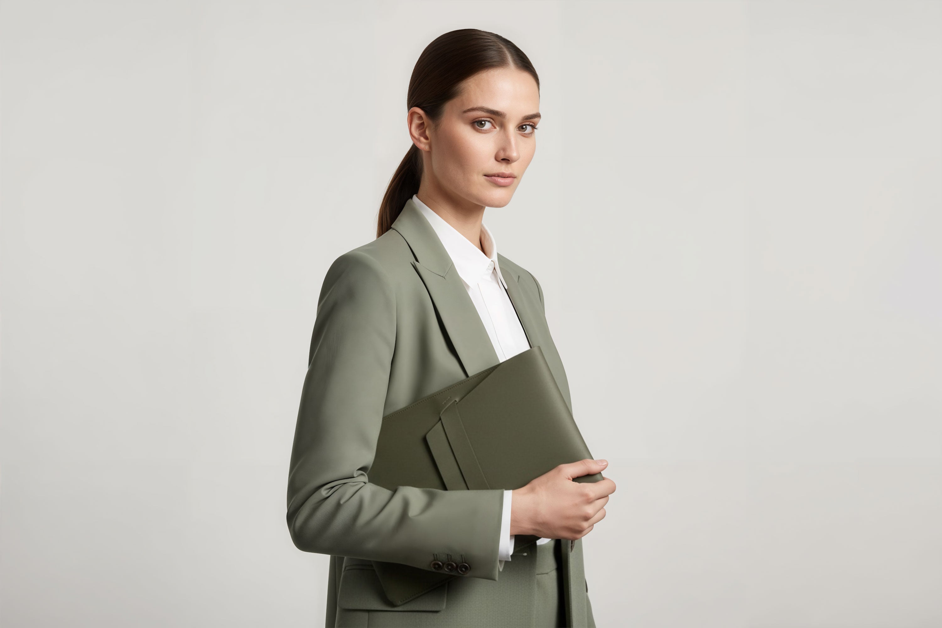 Woman holding a leather sleeve for a MacBook in olive green color in front of bright background minimalistic design atelier Madre Manuel Dreesmann Barcelona Spain