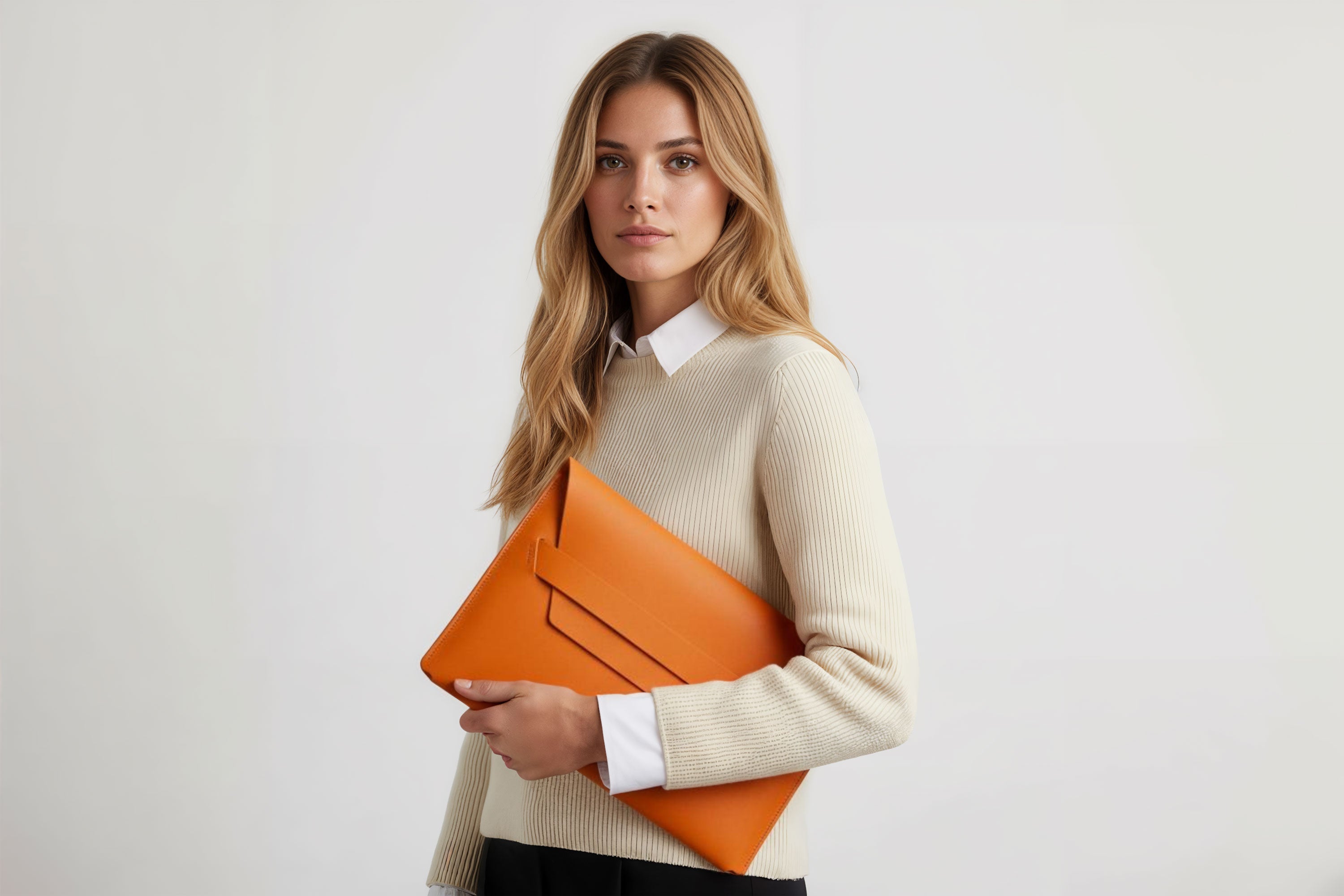 Woman holding a leather sleeve for a MacBook in orange color in front of bright background minimalistic design atelier Madre Manuel Dreesmann Barcelona Spain