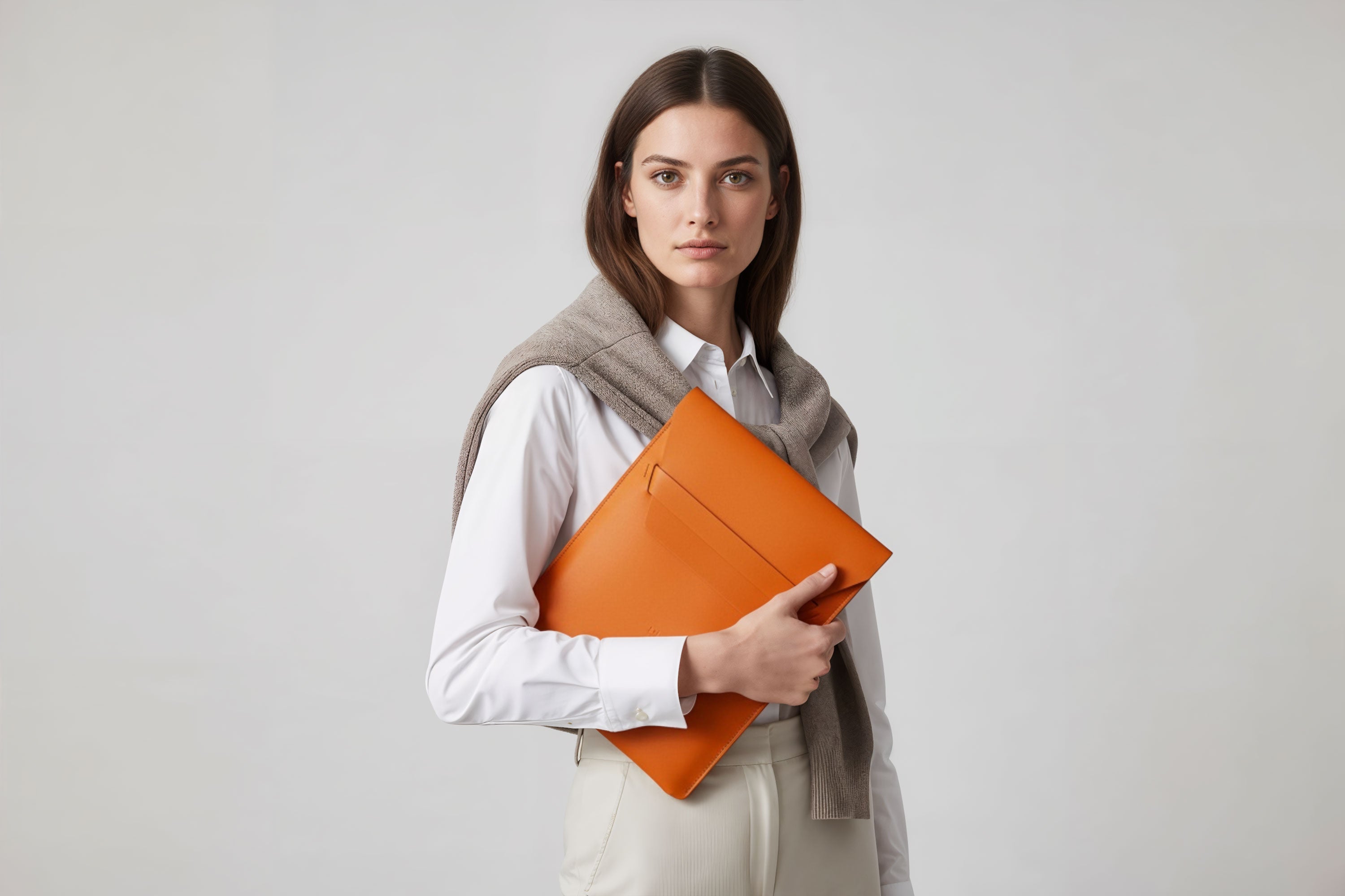 Woman holding a leather sleeve for a MacBook in orange color in front of bright background minimalistic design atelier Madre Manuel Dreesmann Barcelona Spain