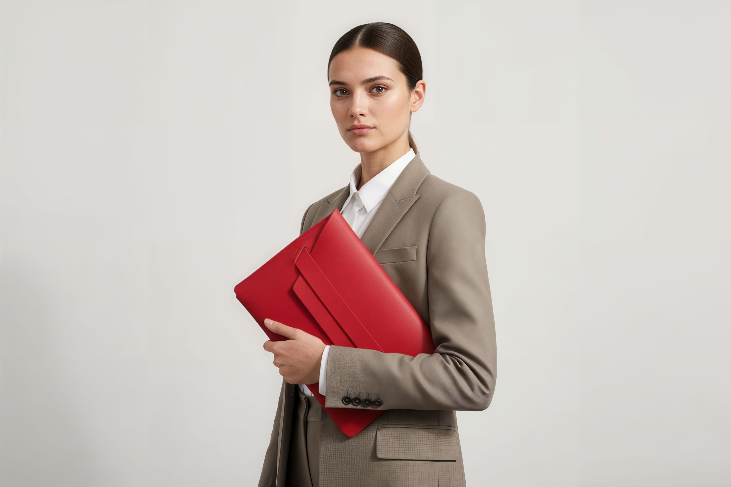 Woman holding a leather sleeve for a MacBook in red color in front of bright background minimalistic design atelier Madre Manuel Dreesmann Barcelona Spain