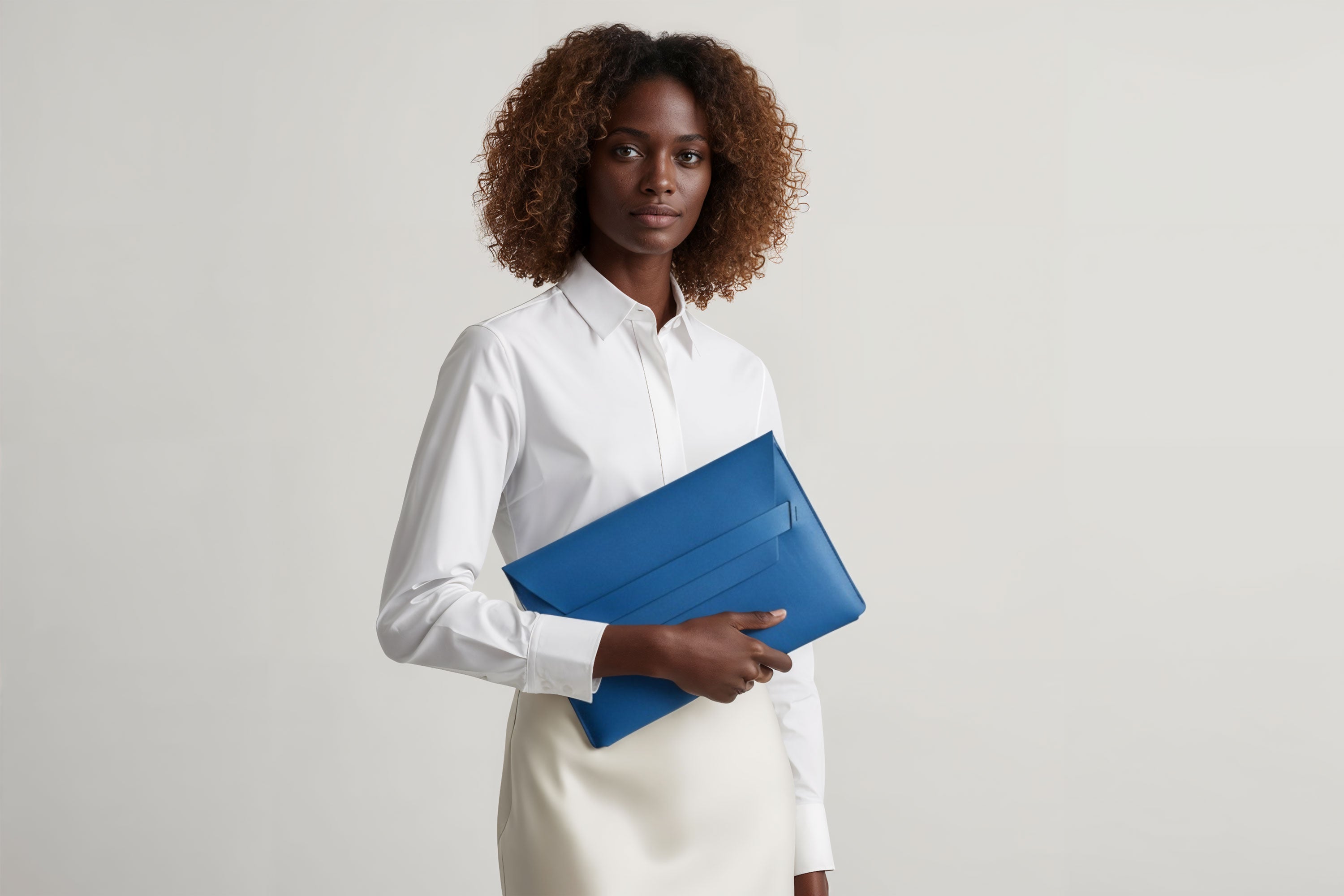 Woman holding a leather sleeve for a MacBook in royal blue color in front of bright background minimalistic design atelier Madre Manuel Dreesmann Barcelona Spain