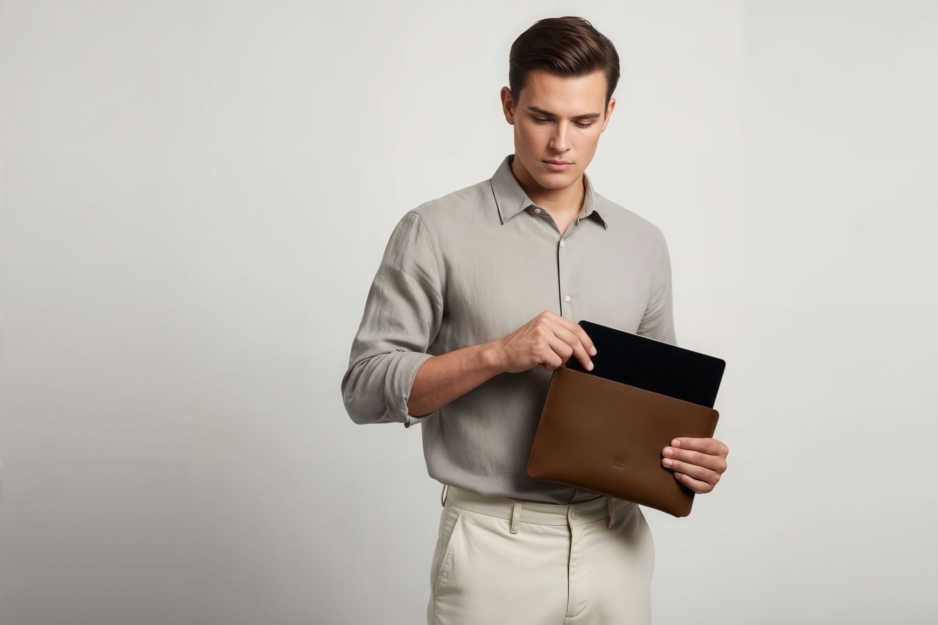 Leather Sleeve for iPad Leather Horizontal Dark Brown On Model Minimal Design Atelier Madre Manuel Dreesmann Barcelona
