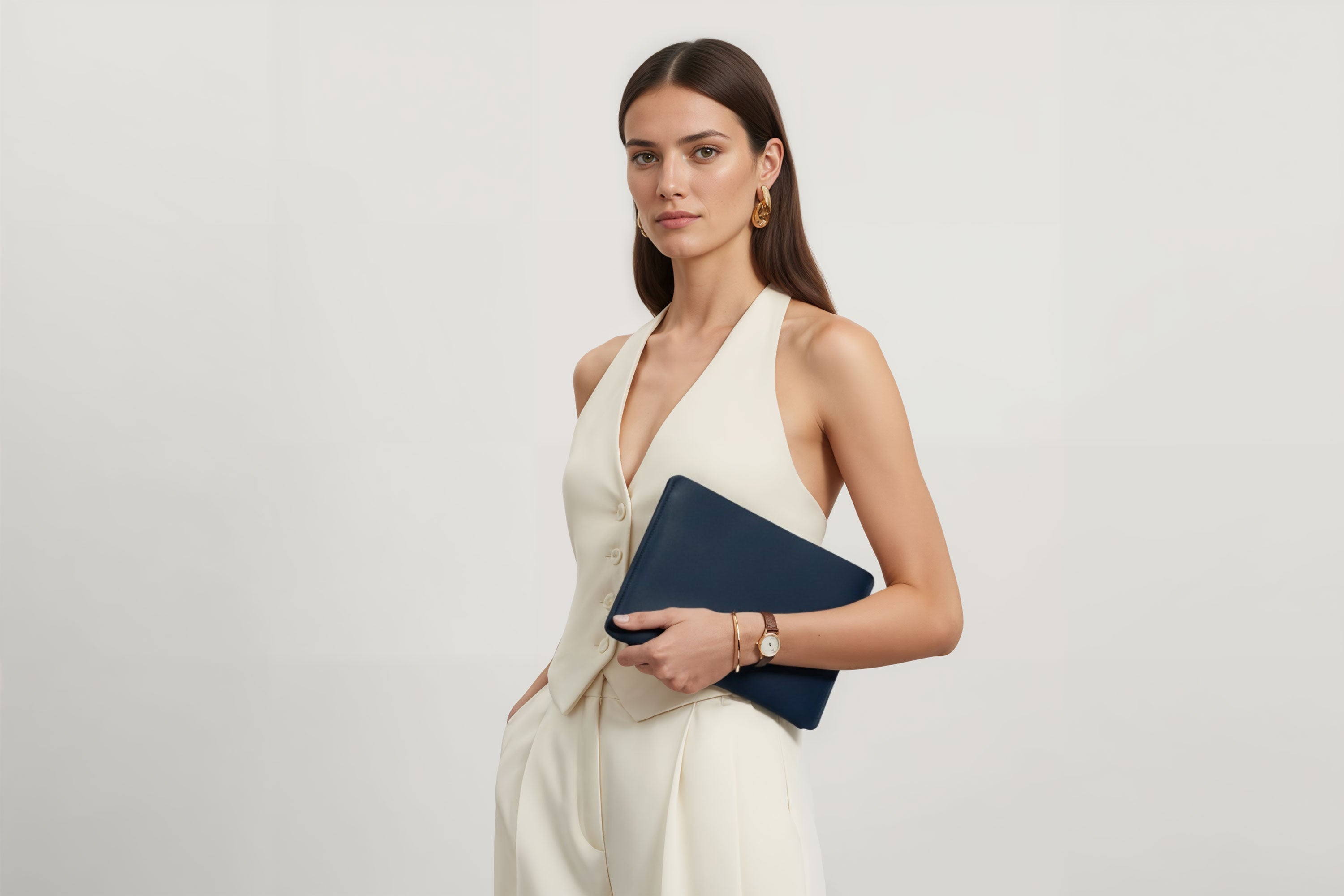 Leather Sleeve for iPad Leather Horizontal Marine Blue On Model Minimal Design Atelier Madre Manuel Dreesmann Barcelona