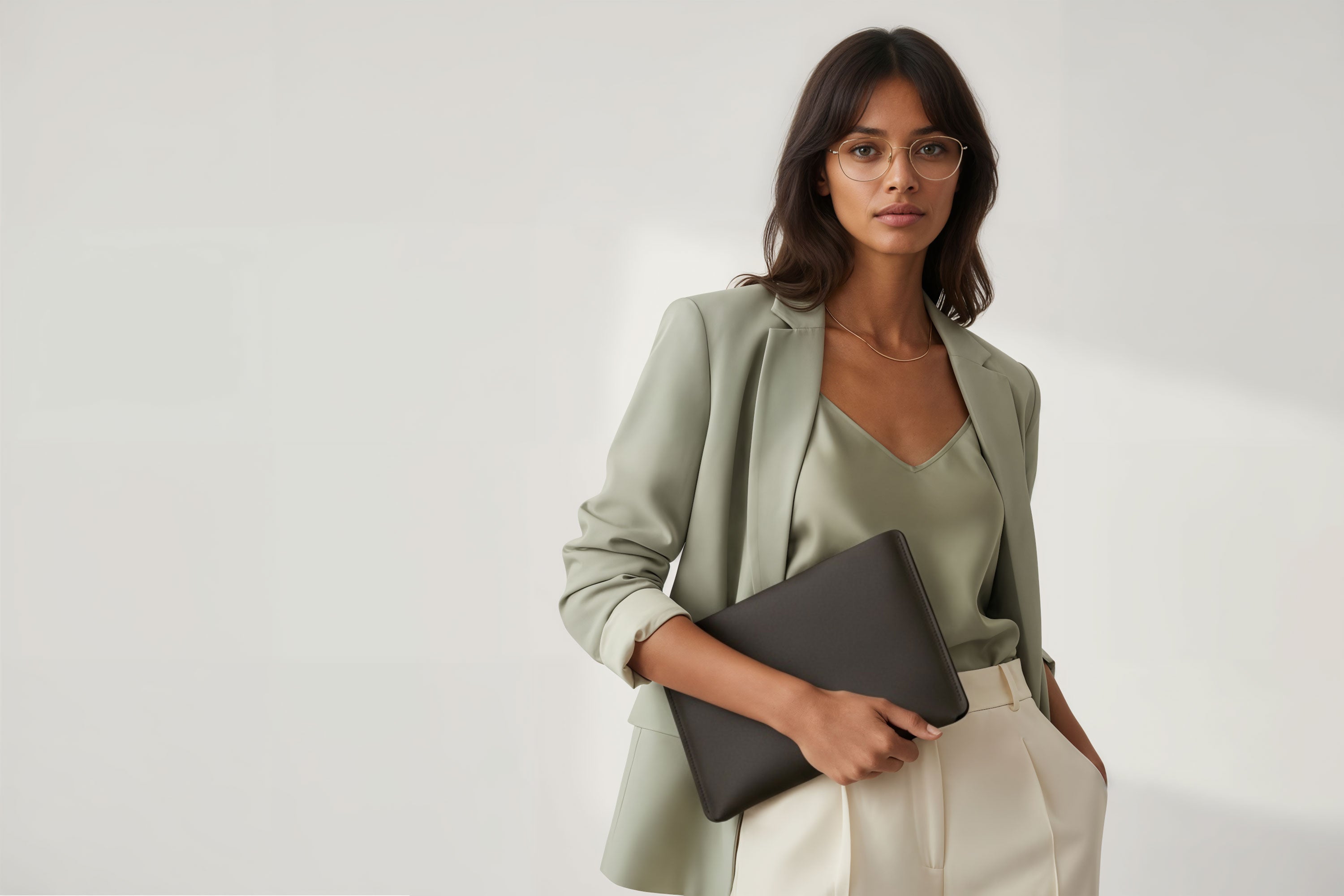 Leather Sleeve for iPad Leather Horizontal Olive Green On Model Minimal Design Atelier Madre Manuel Dreesmann Barcelona