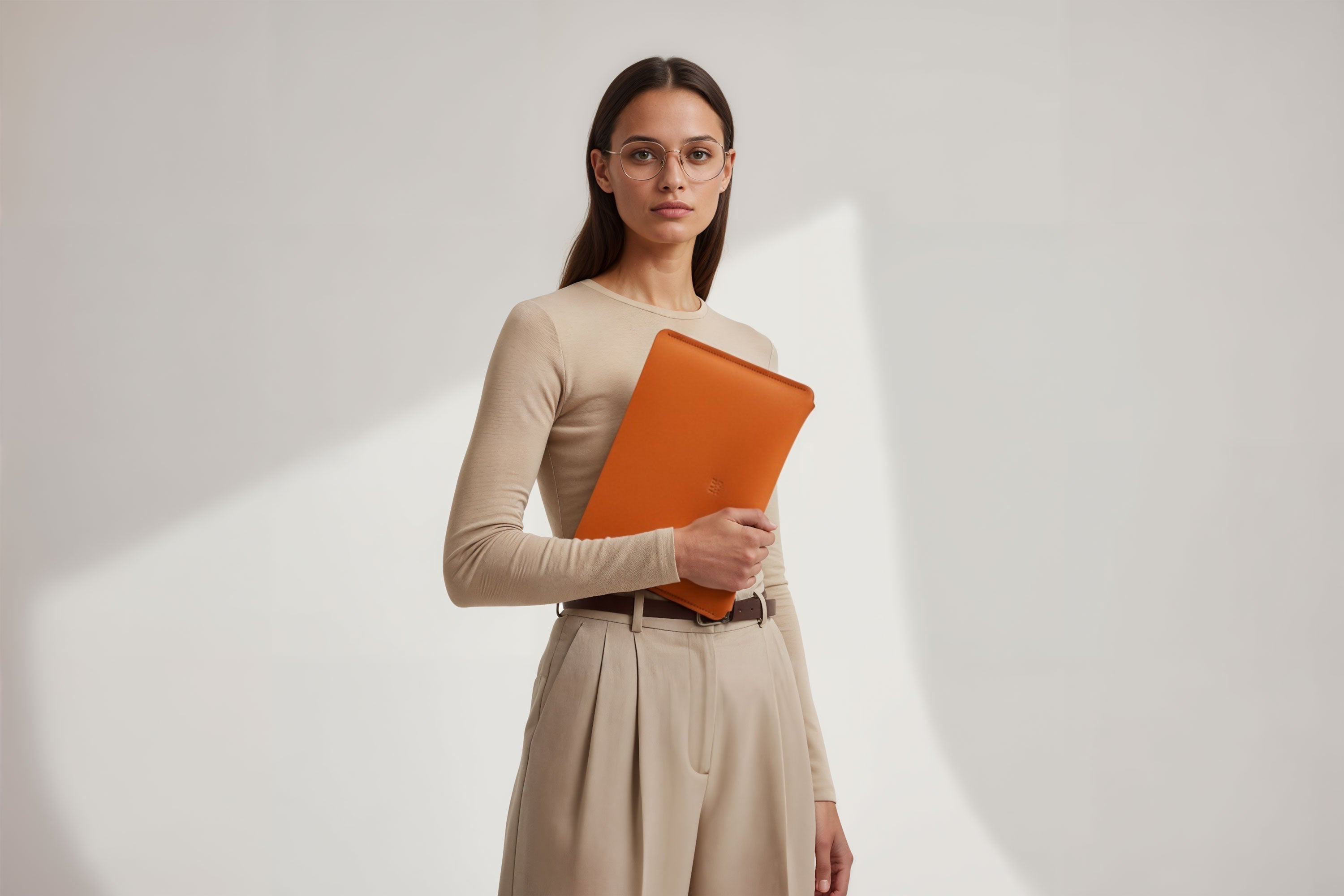 Leather Sleeve for iPad Leather Horizontal Orange On Model Minimal Design Atelier Madre Manuel Dreesmann Barcelona