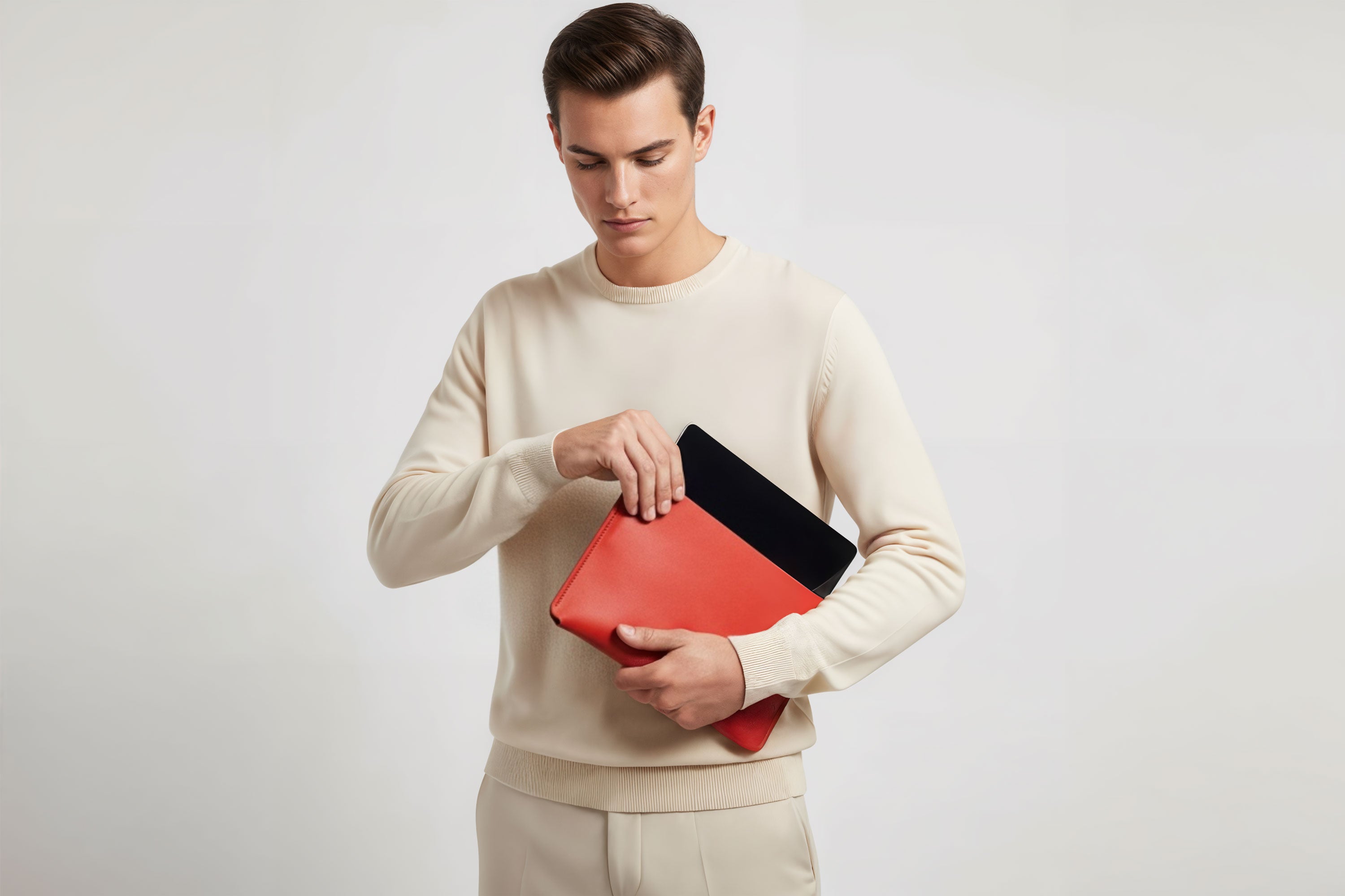 Leather Sleeve for iPad Leather Horizontal Red On Model Minimal Design Atelier Madre Manuel Dreesmann Barcelona