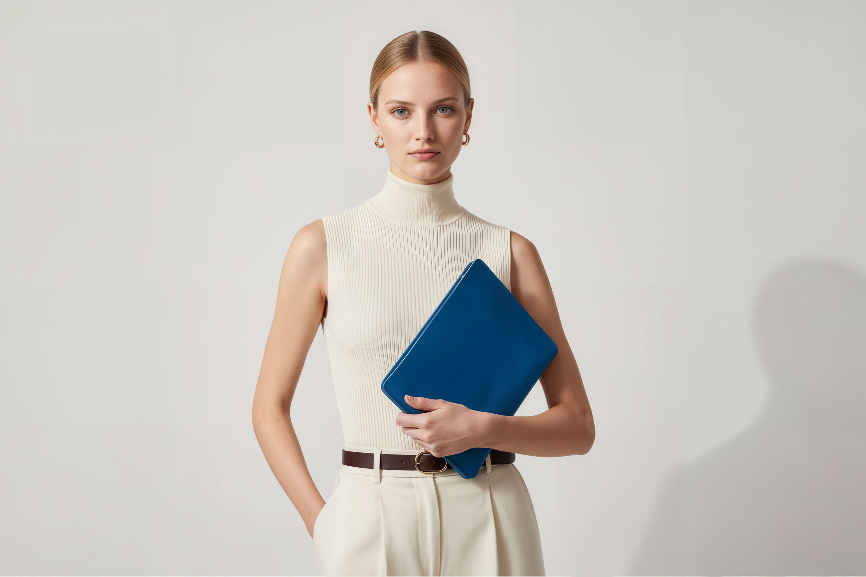 Leather Sleeve for iPad Leather Horizontal Royal Blue On Model Minimal Design Atelier Madre Manuel Dreesmann Barcelona