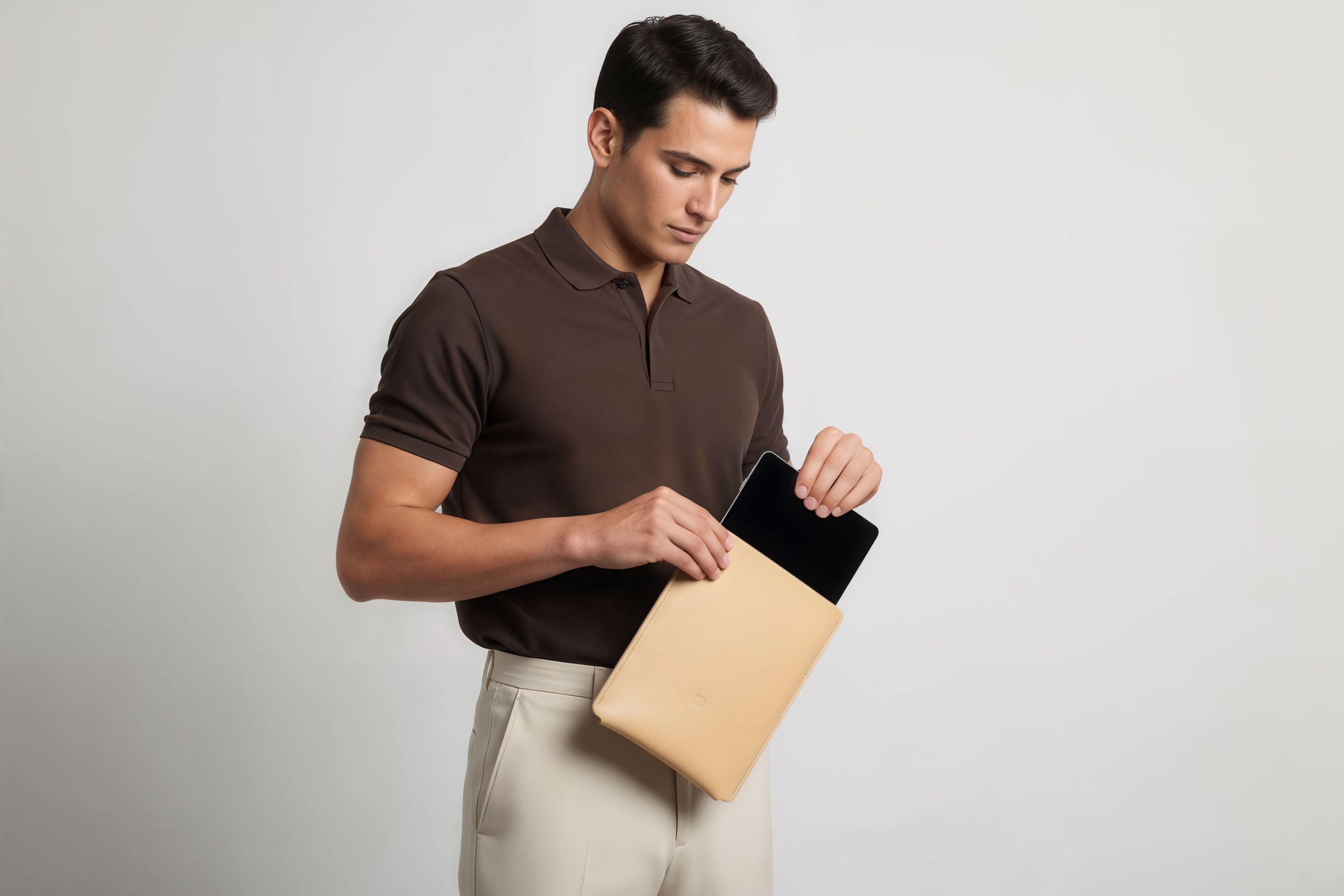 Leather Sleeve for iPad Leather Vertical Natural Colour On Model Minimal Design Atelier Madre Manuel Dreesmann Barcelona