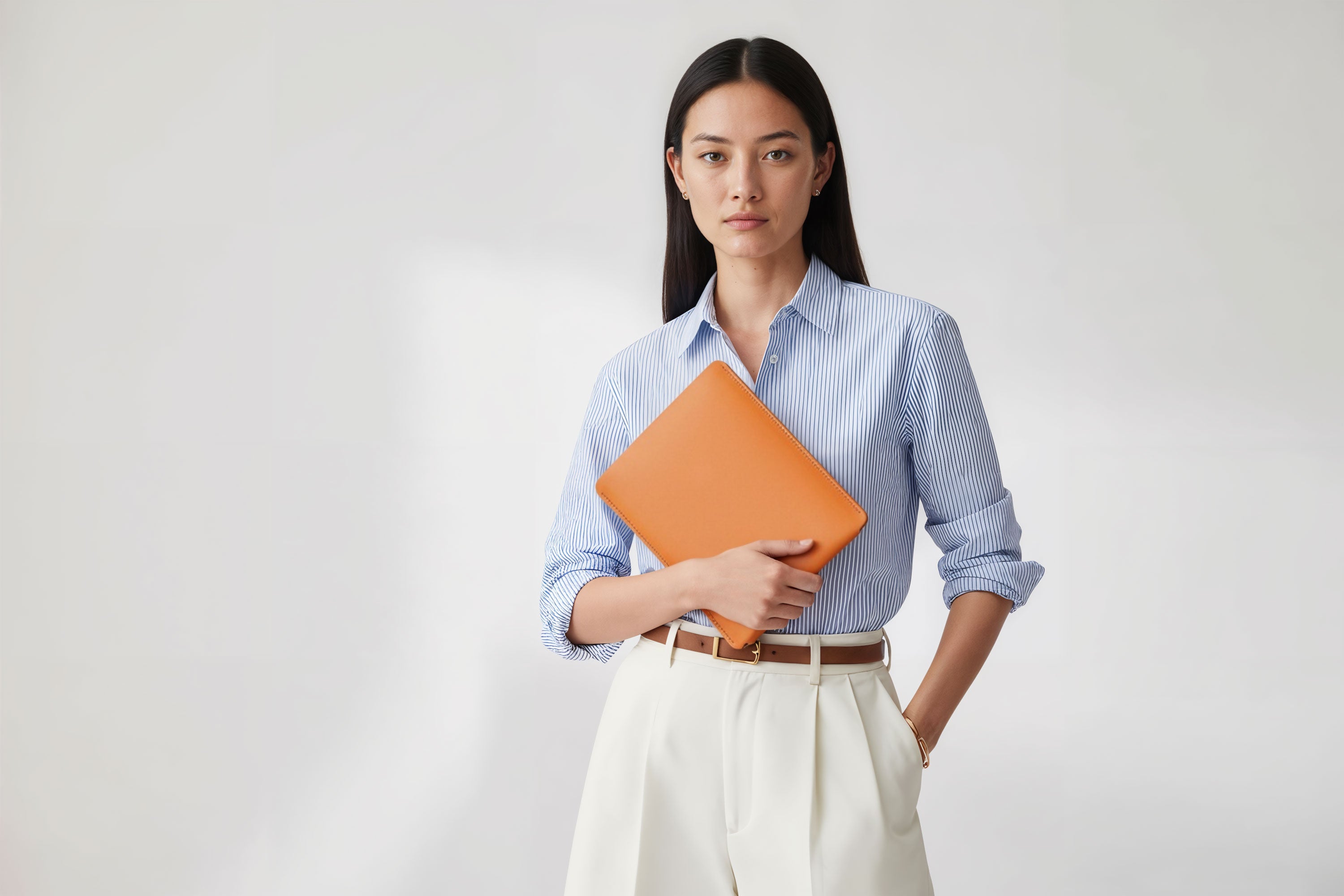 Leather Sleeve for iPad Leather Vertical Orange On Model Minimal Design Atelier Madre Manuel Dreesmann Barcelona