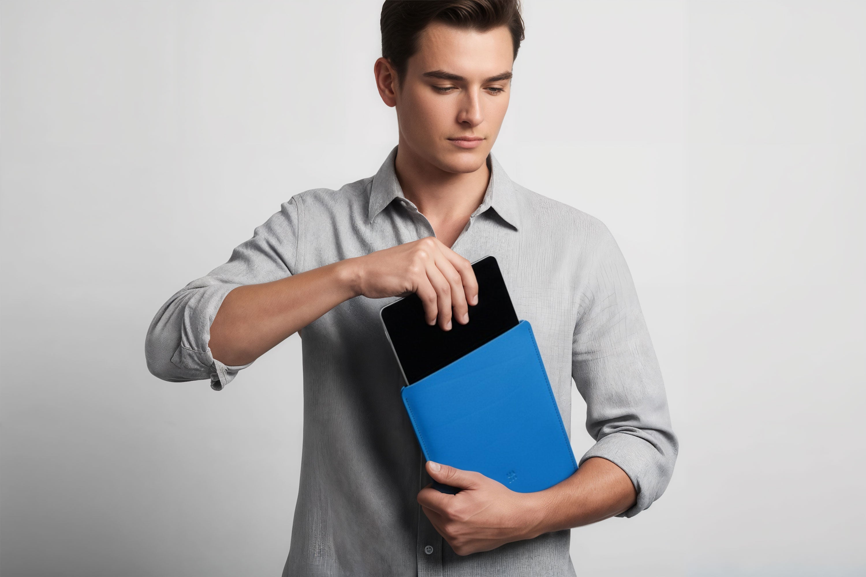 Leather Sleeve for iPad Leather Vertical Marine Blue On Model Minimal Design Atelier Madre Manuel Dreesmann Barcelona