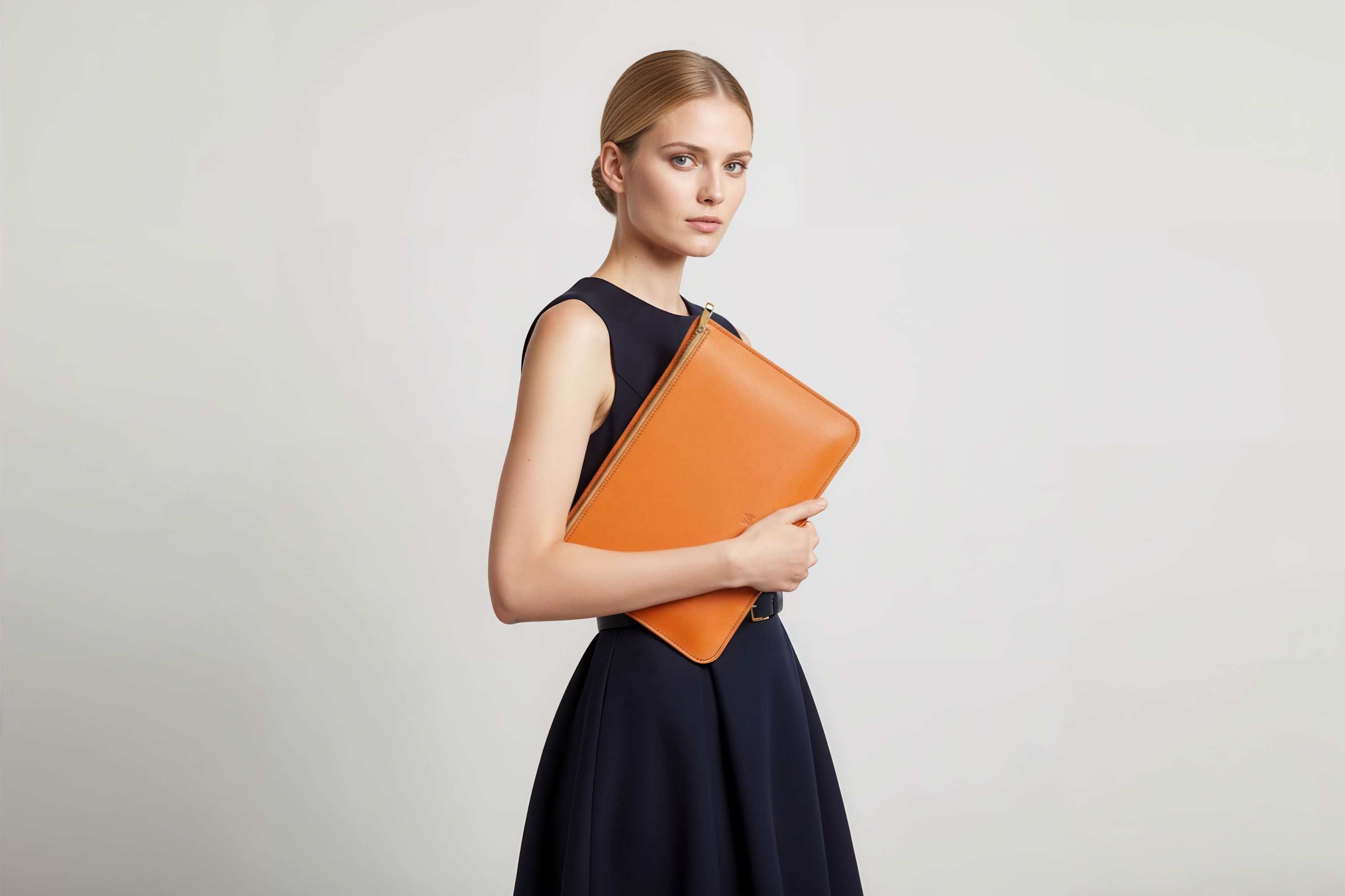 MacBook Sleeve Zipper Orange Leather Horizontal On Model Grey Background Minimalistic Premium Design Atelier Madre Manuel Dreesmann Barcelona