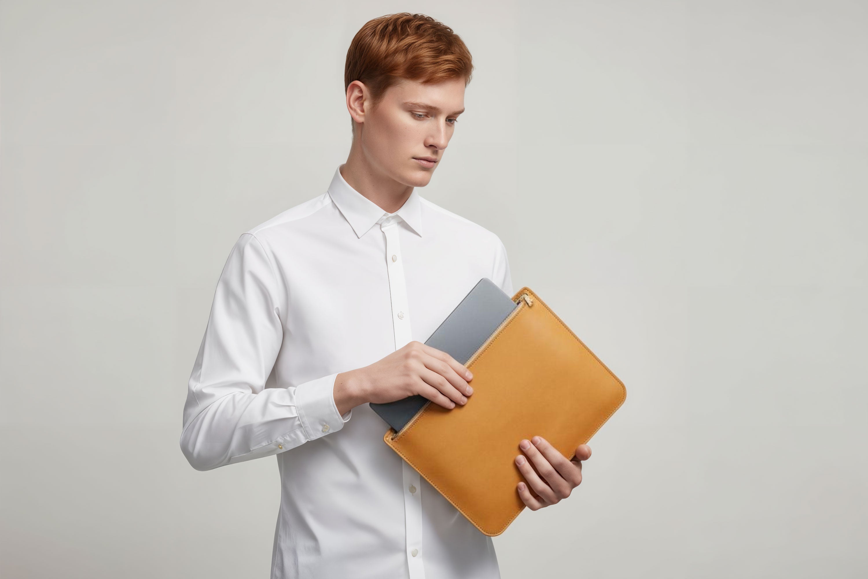 MacBook Sleeve Zipper Brown Leather Horizontal On Model Grey Background Minimalistic Premium Design Atelier Madre Manuel Dreesmann Barcelona