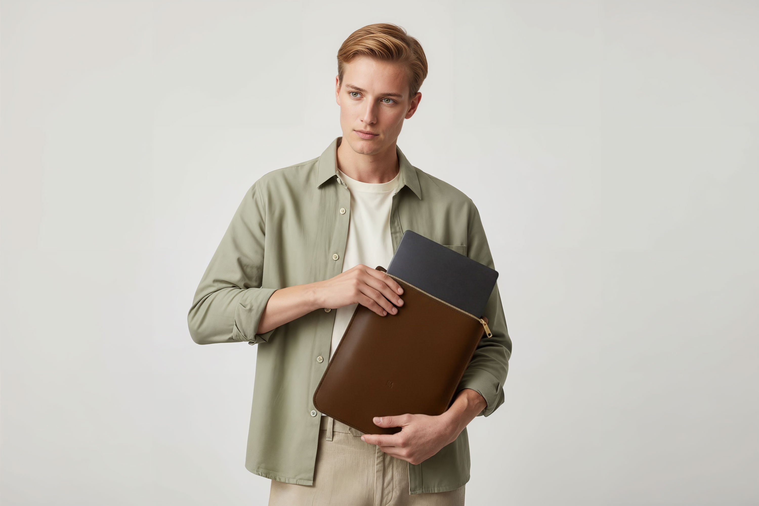 MacBook Sleeve Zipper Dark Brown Leather Vertical On Man Model Grey Background Minimalistic Premium Design Atelier Madre Manuel Dreesmann Barcelona