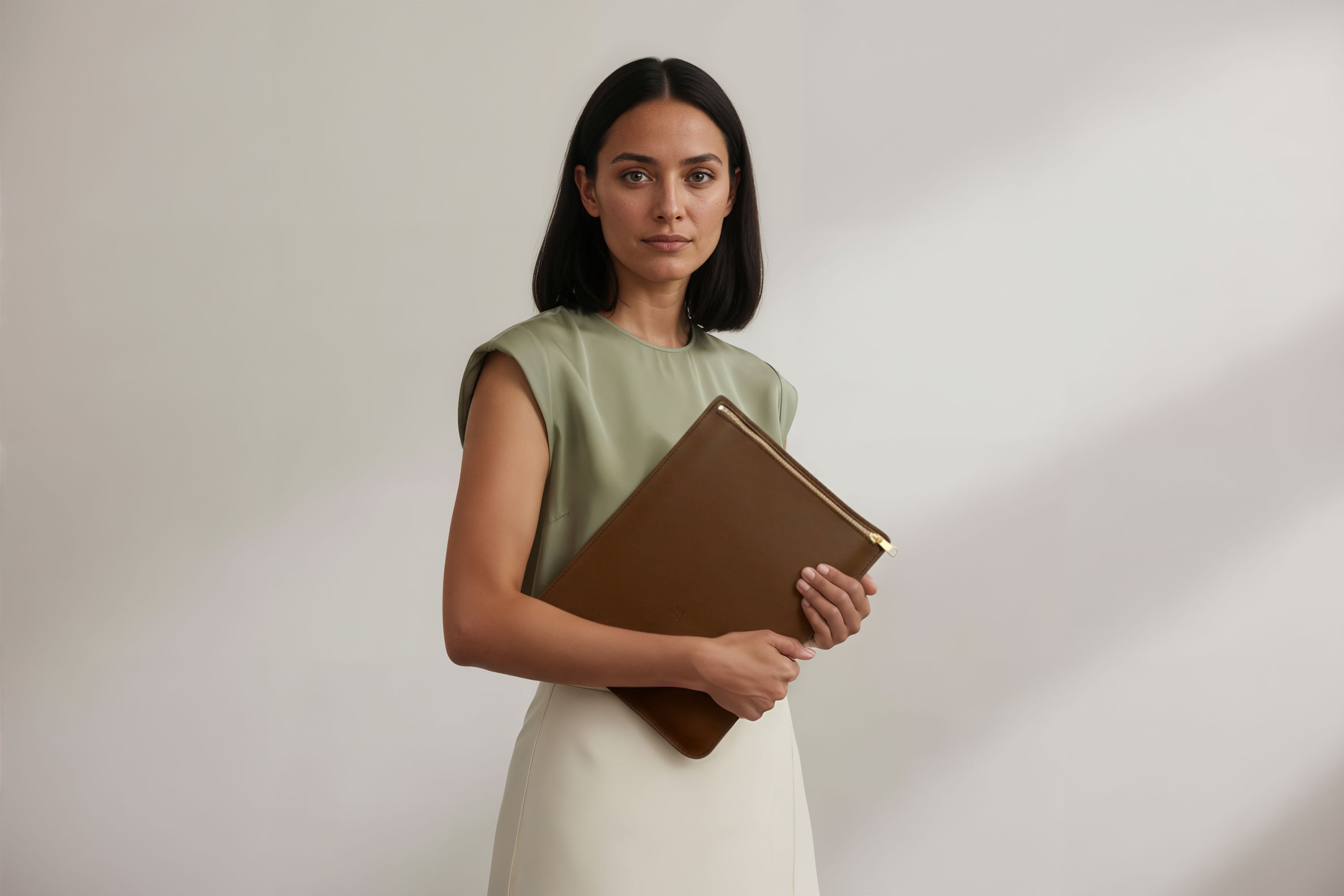 MacBook Sleeve Zipper Dark Brown Leather Vertical On Woman Model Grey Background Minimalistic Premium Design Atelier Madre Manuel Dreesmann Barcelona