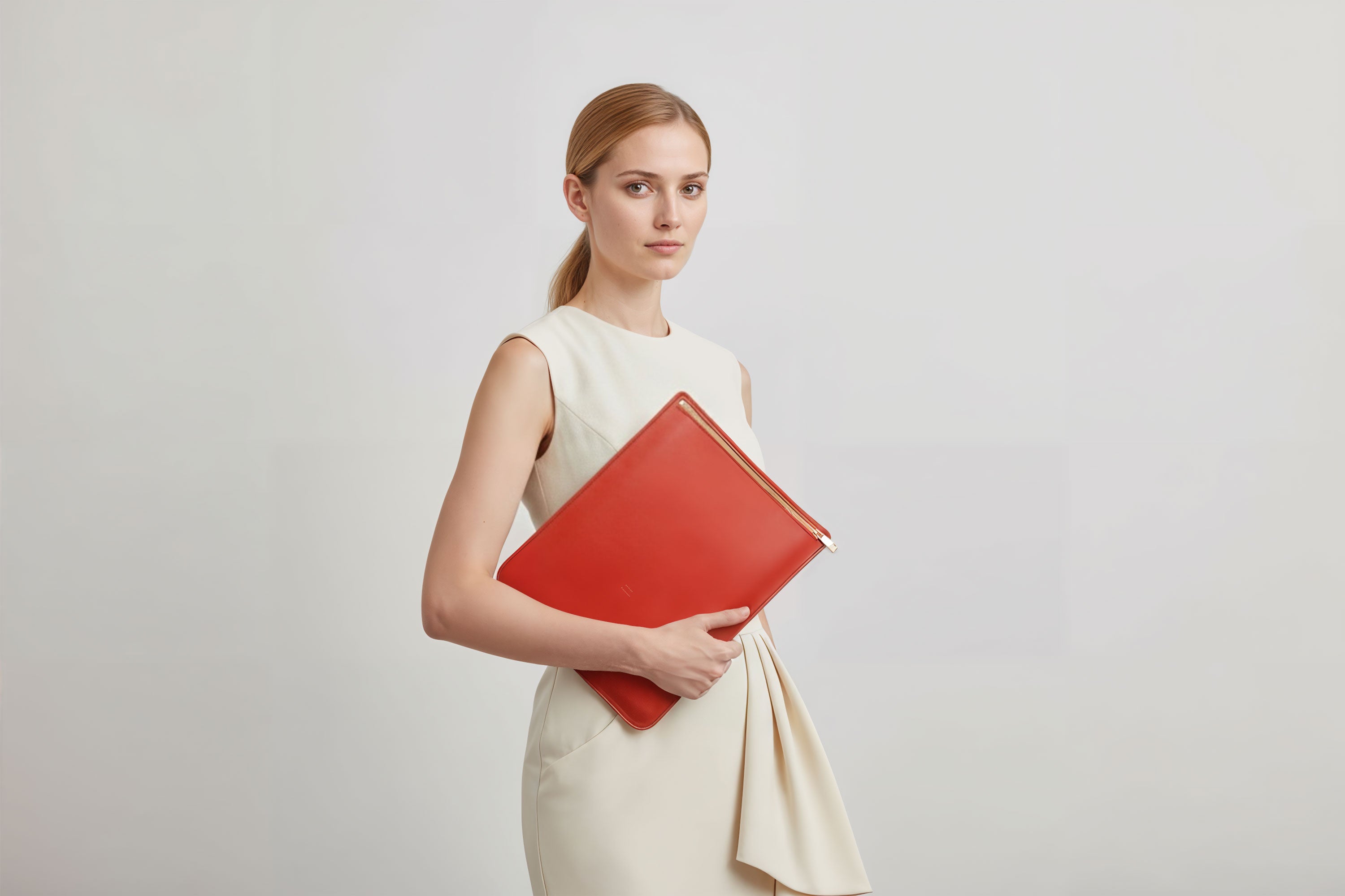 MacBook Sleeve Zipper Red Leather Vertical On Woman Model Grey Background Minimalistic Premium Design Atelier Madre Manuel Dreesmann Barcelona