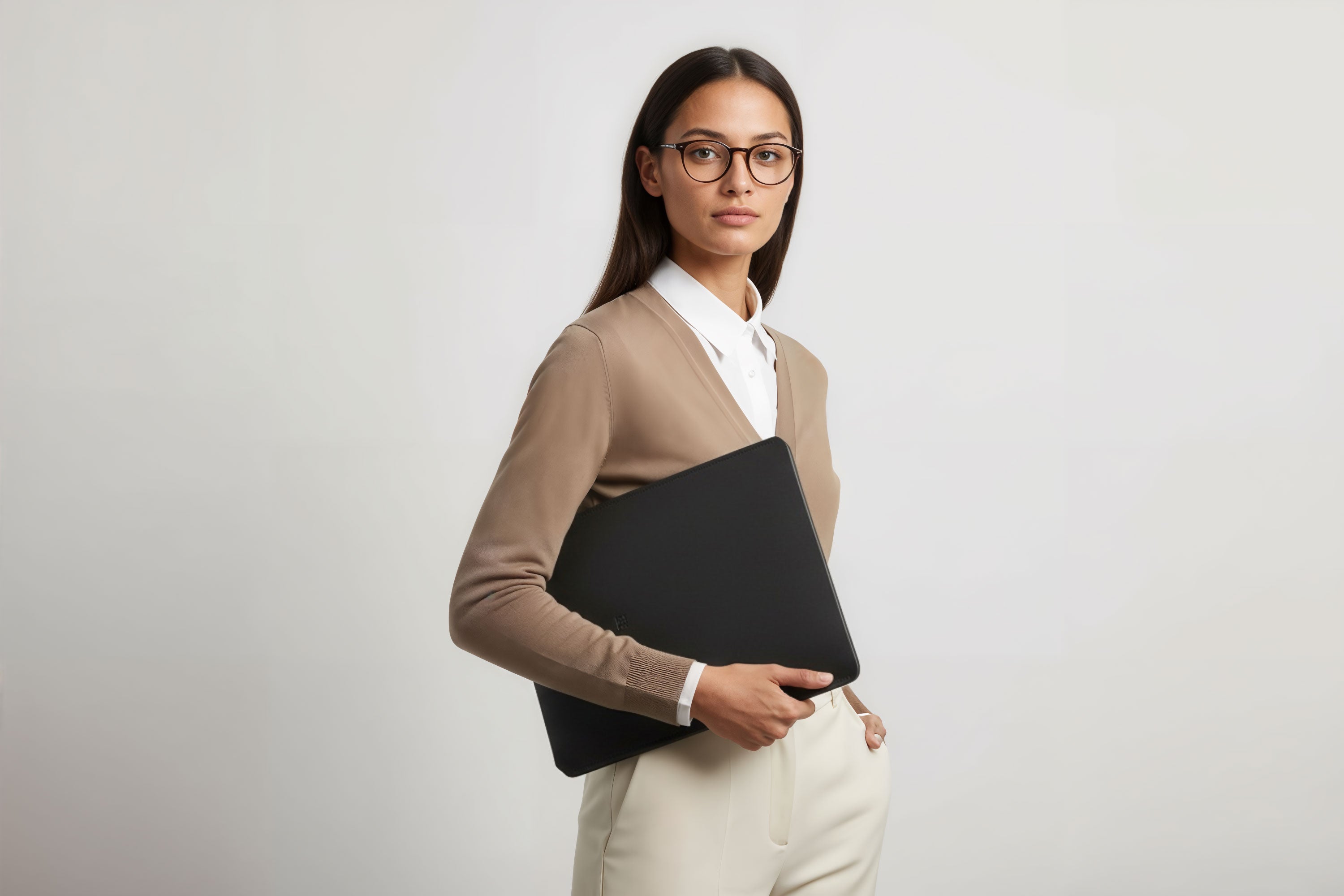 MacBook Slip Sleeve Black Leather On Model Grey Background Minimalistic Premium Design Atelier Madre Manuel Dreesmann Barcelona