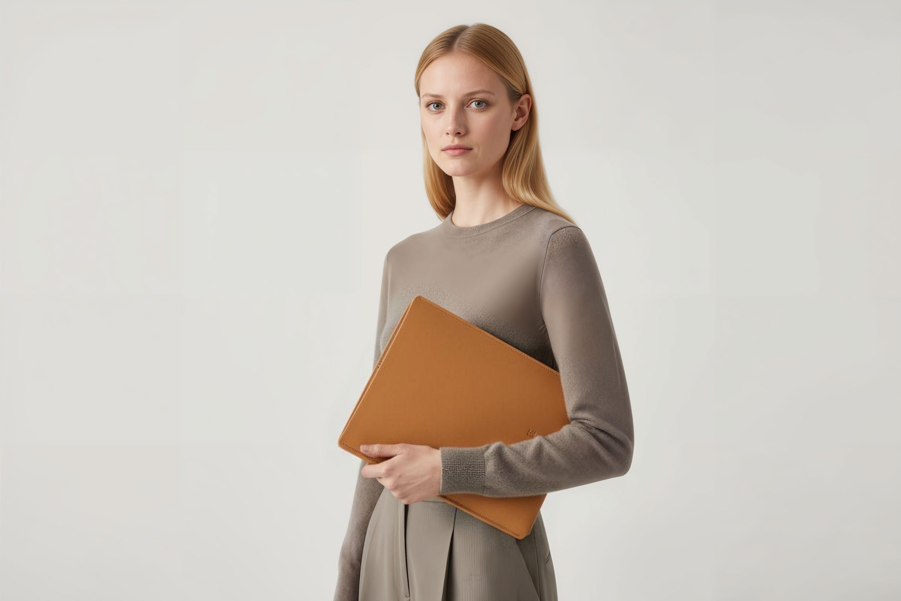 MacBook Slip Sleeve Brown Leather On Model Grey Background Minimalistic Premium Design Atelier Madre Manuel Dreesmann Barcelona