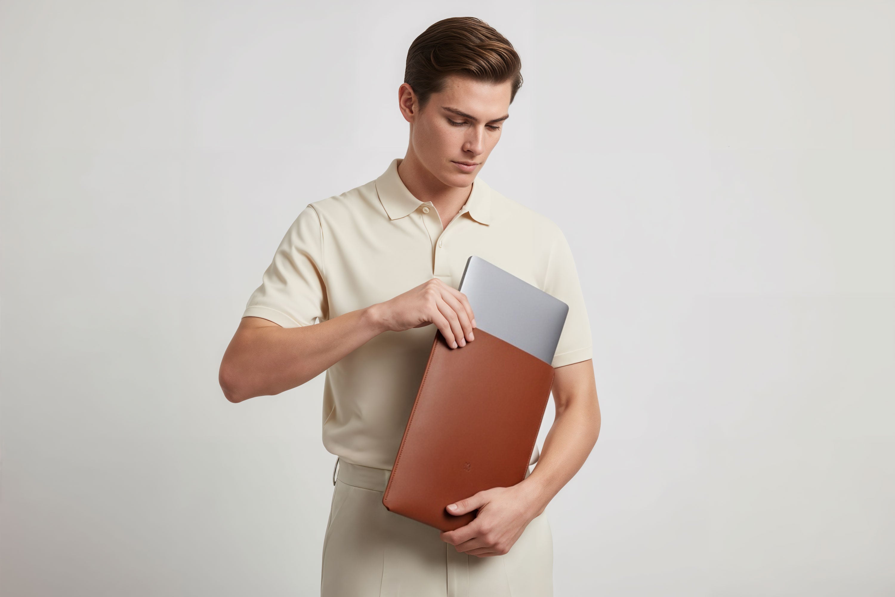 MacBook Slip Sleeve Dark Brown Leather On Model Grey Background Minimalistic Premium Design Atelier Madre Manuel Dreesmann Barcelona