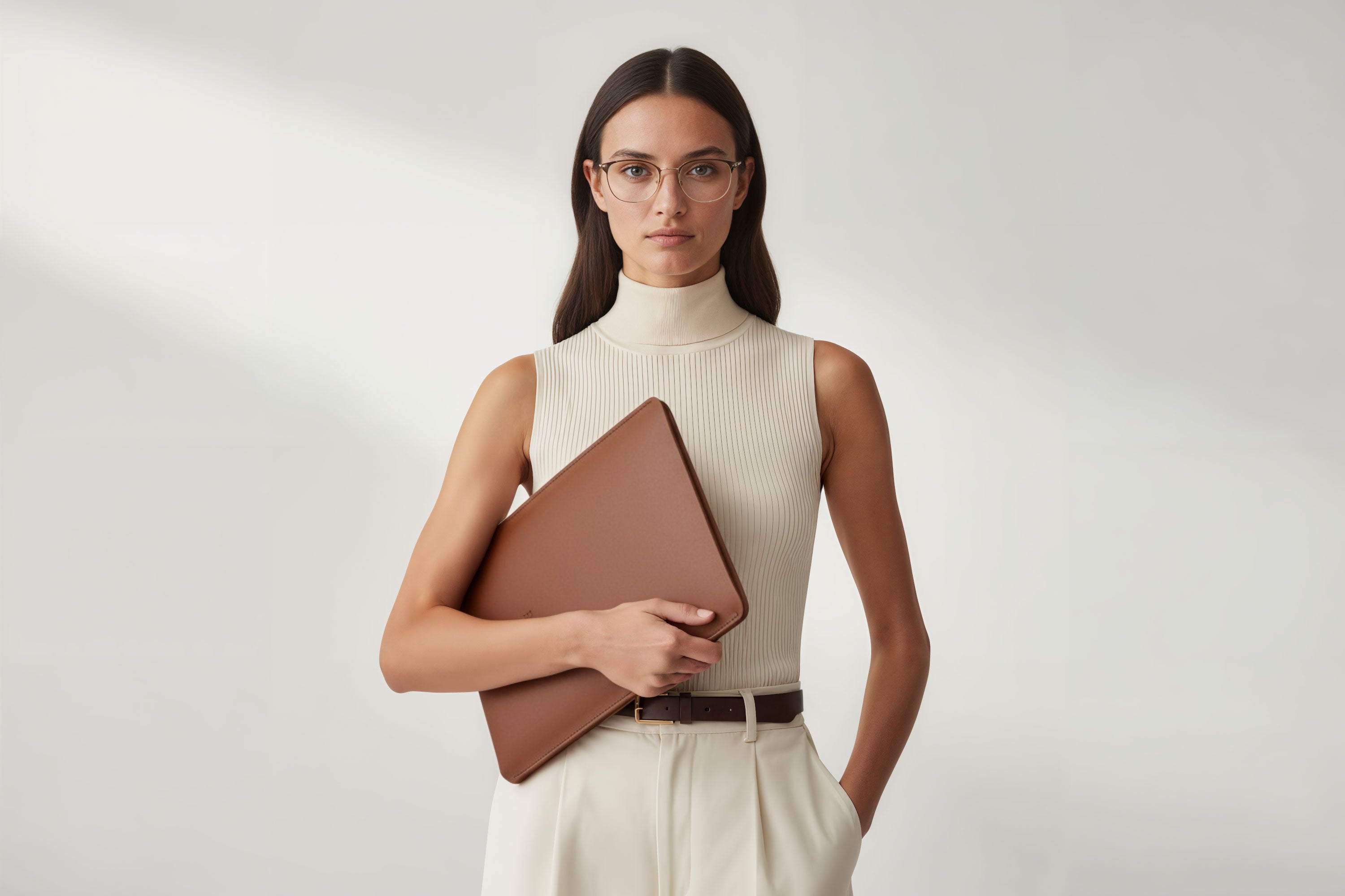 MacBook Slip Sleeve Dark Brown Leather On Model Grey Background Minimalistic Premium Design Atelier Madre Manuel Dreesmann Barcelona