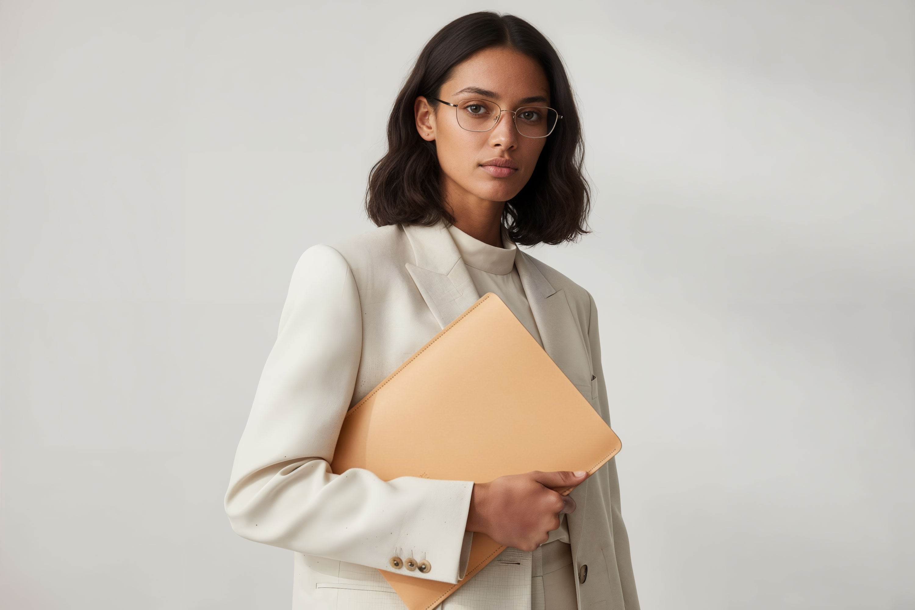 MacBook Slip Sleeve Natural Color Leather On Model Grey Background Minimalistic Premium Design Atelier Madre Manuel Dreesmann Barcelona