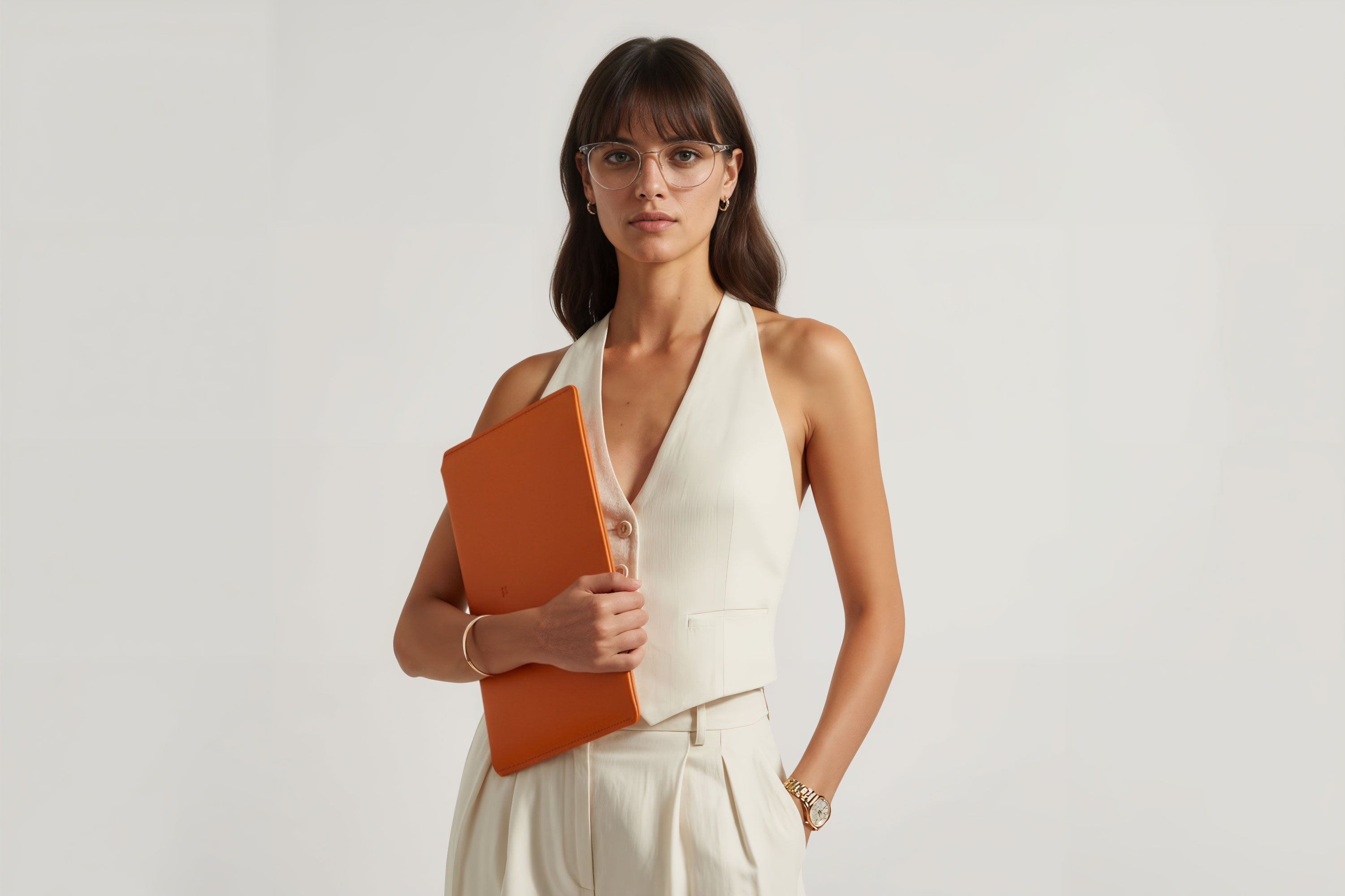 MacBook Slip Sleeve Orange Horizontal On Model Grey Background Minimalistic Premium Design Atelier Madre Manuel Dreesmann Barcelona