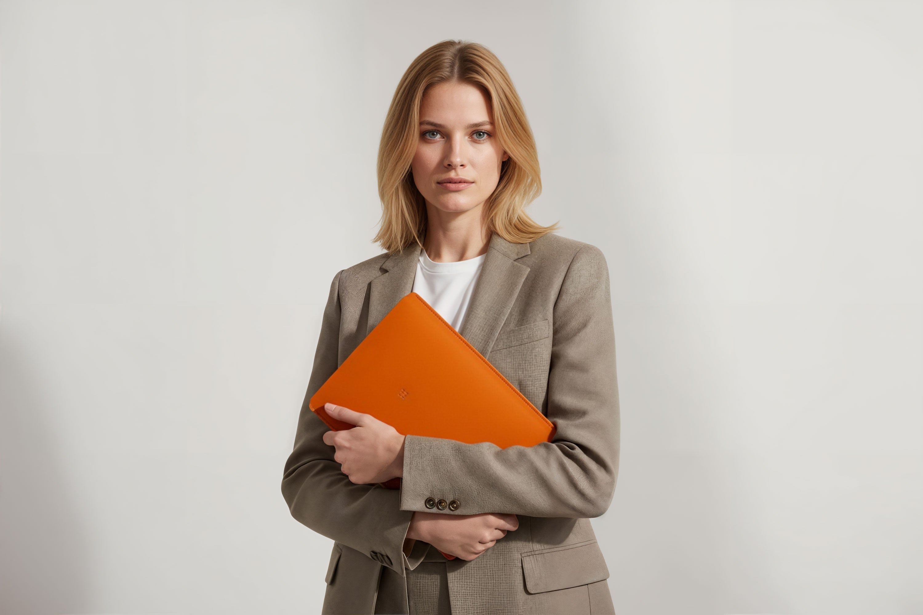 MacBook Slip Sleeve Orange Color Leather On Model Grey Background Minimalistic Premium Design Atelier Madre Manuel Dreesmann Barcelona