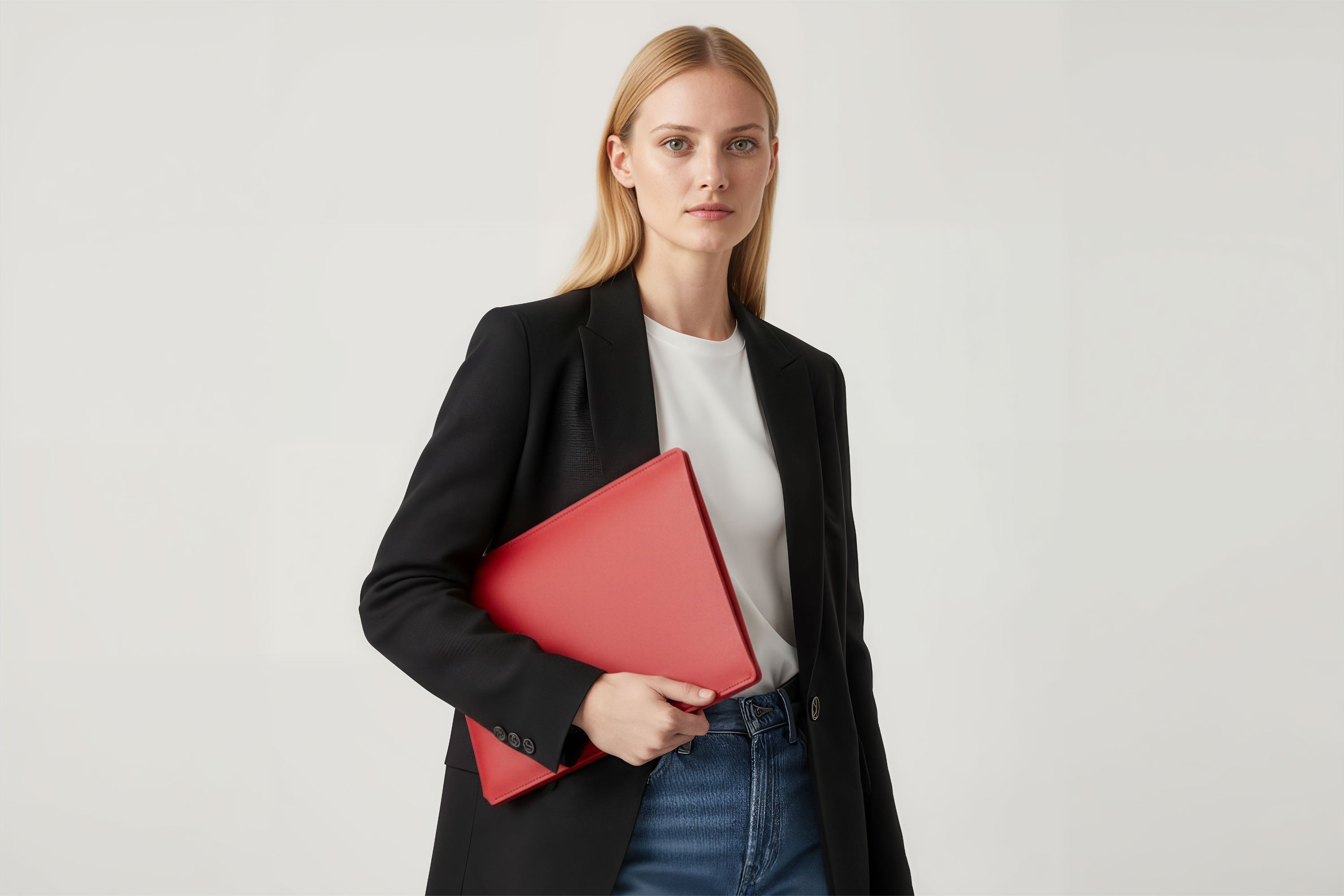 MacBook Slip Sleeve Red Color Leather On Model Grey Background Minimalistic Premium Design Atelier Madre Manuel Dreesmann Barcelona