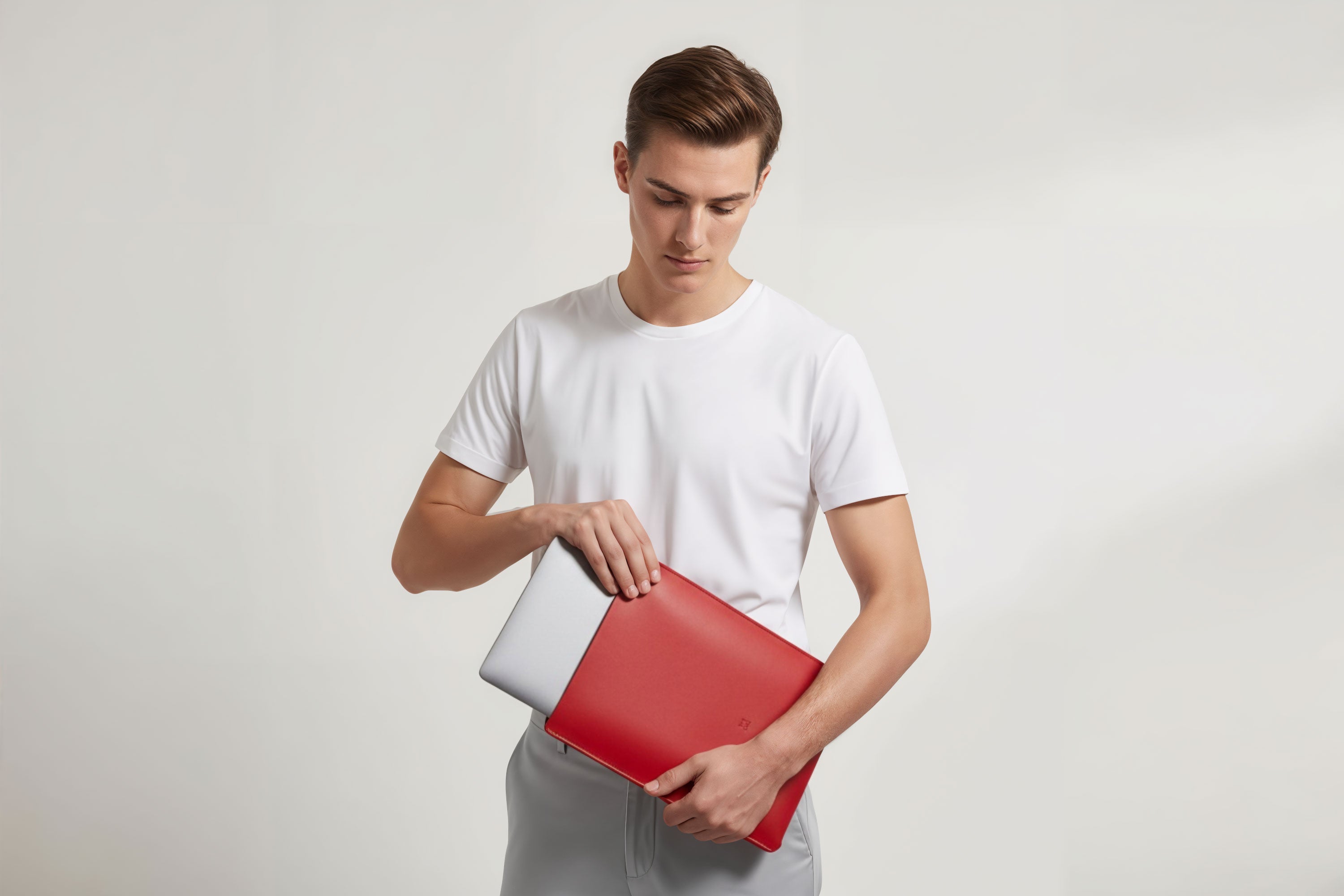 MacBook Slip Sleeve Red Color Leather On Model Grey Background Minimalistic Premium Design Atelier Madre Manuel Dreesmann Barcelona