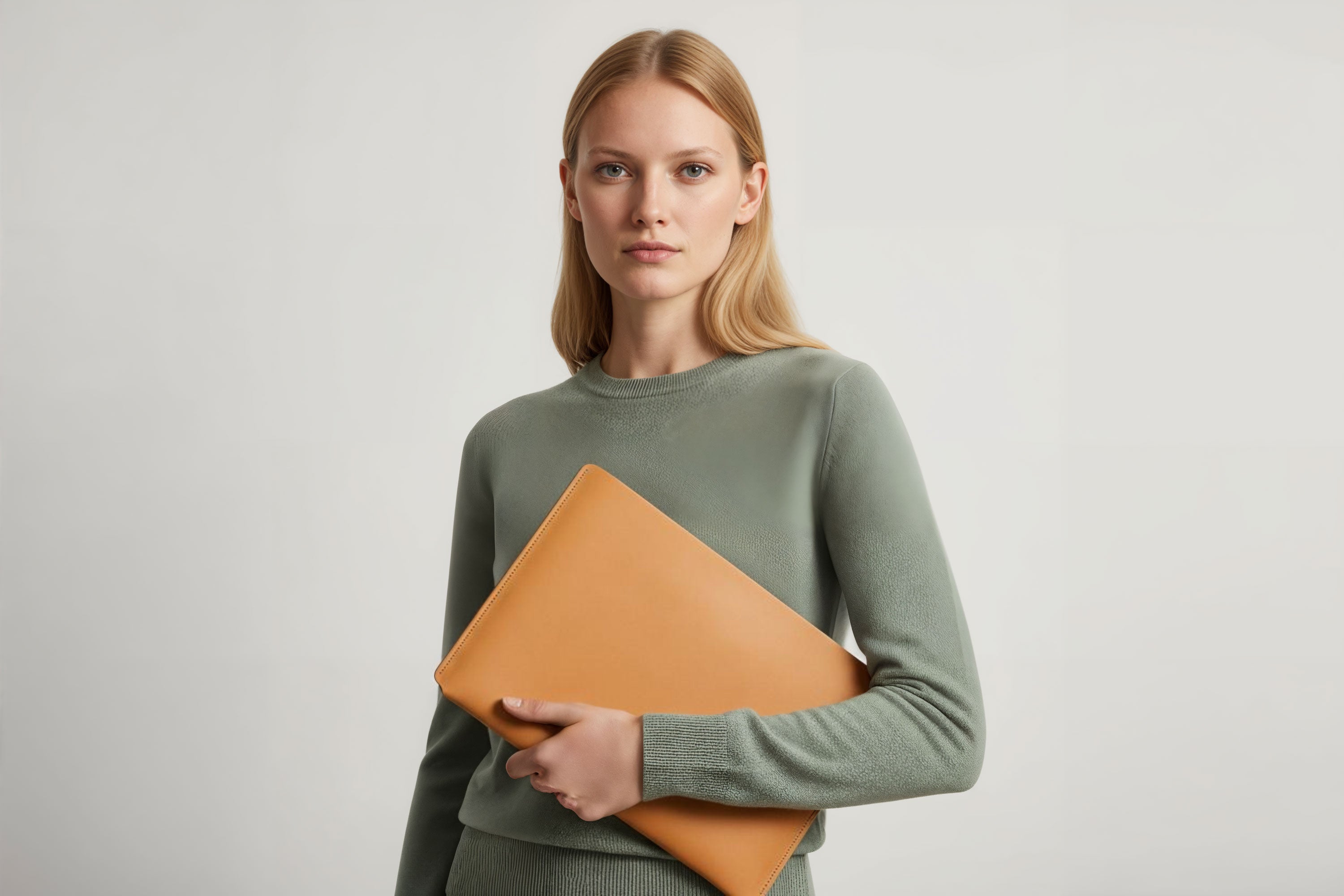 MacBook Slip Sleeve Brown Leather Horizontal On Model Grey Background Minimalistic Premium Design Atelier Madre Manuel Dreesmann Barcelona