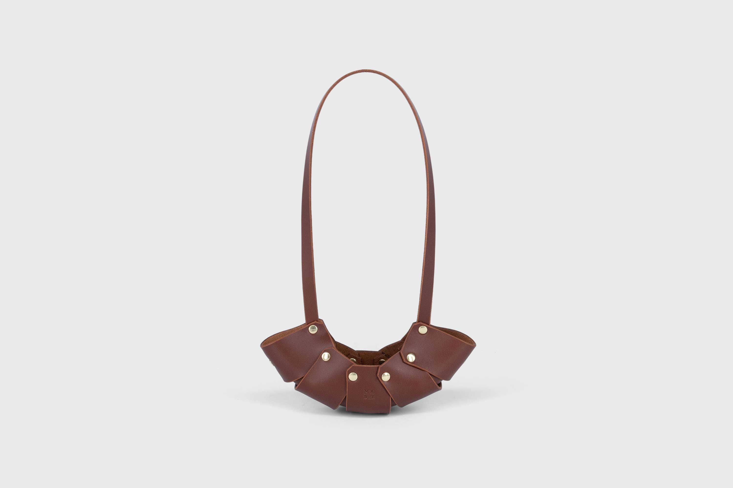 Mako Leather Bag Dark Brown Vegetable Tanned Full Grain Spain Brass Rivets Design Minimalist Modern Small Tiny Miniature Bag Pouch Handbag Handmade Atelier Madre Manuel Dreesmann Barcelona