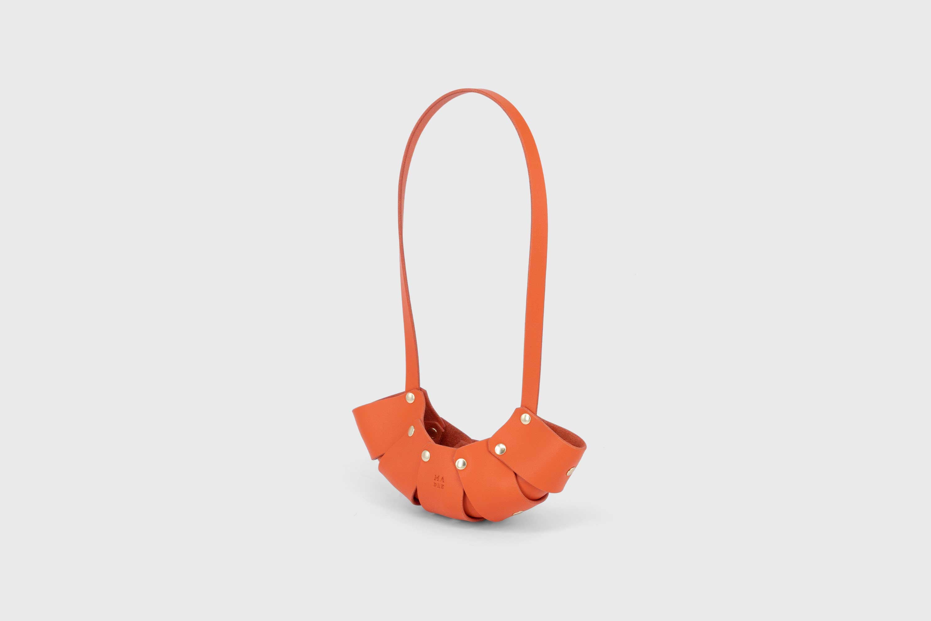 Mako Leather Bag Orange Vegetable Tanned Full Grain Spain Brass Rivets Design Minimalist Modern Small Tiny Miniature Bag Pouch Handbag Handmade Atelier Madre Manuel Dreesmann Barcelona