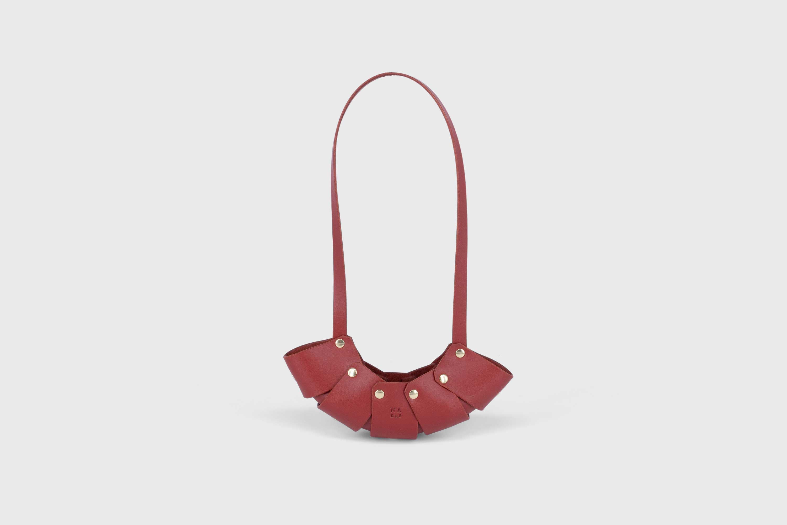 Mako Leather Bag Red Vegetable Tanned Full Grain Spain Brass Rivets Design Minimalist Modern Small Tiny Miniature Bag Pouch Handbag Handmade Atelier Madre Manuel Dreesmann Barcelona