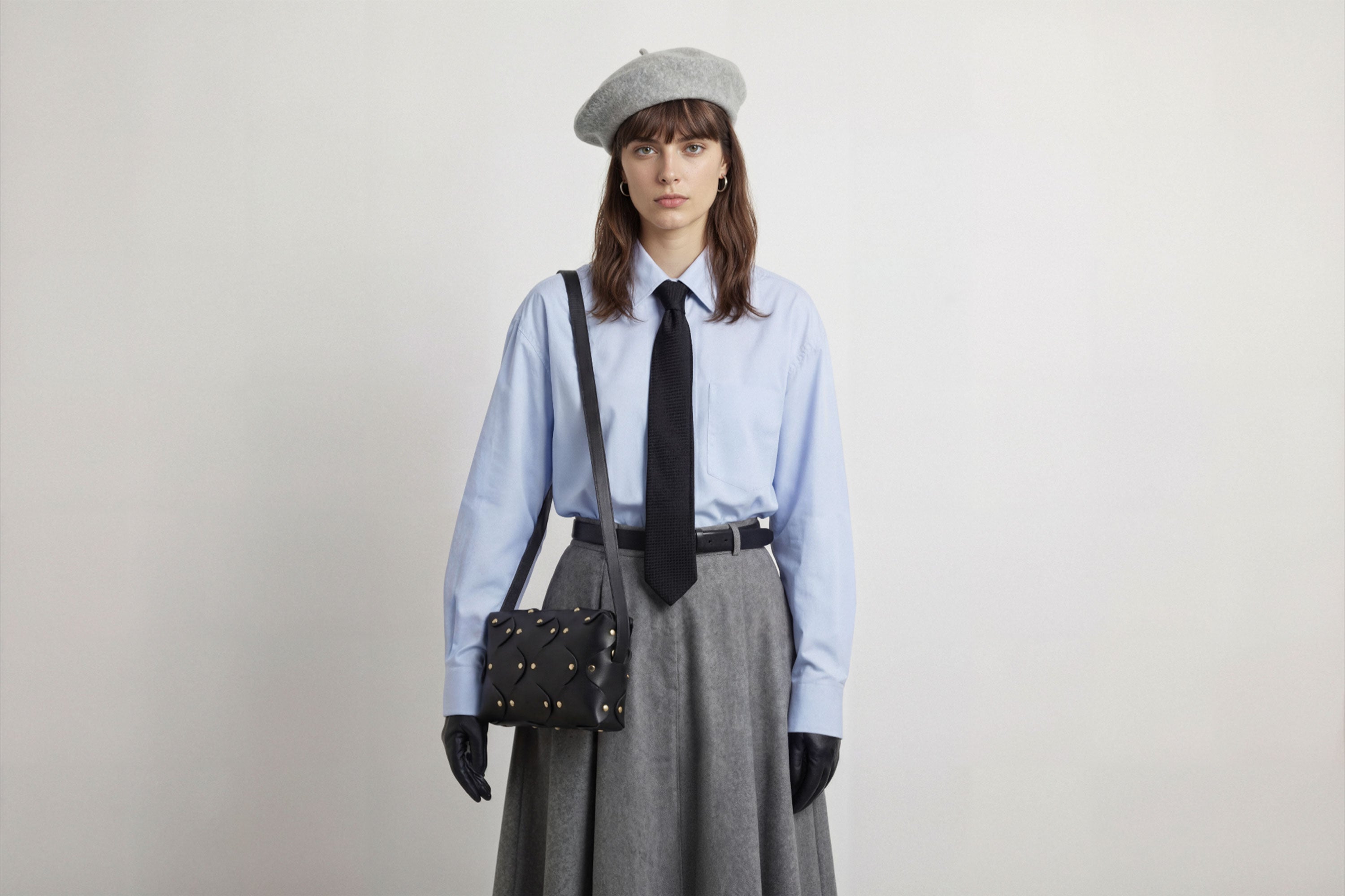 Marlin Leather Bag Black On A Woman Model Quality Brass Rivet Designer Minimal Square Zipper Pouch Crossbody Handbag Clutch Shoulder Atelier Madre Manuel Dreesmann Barcelona