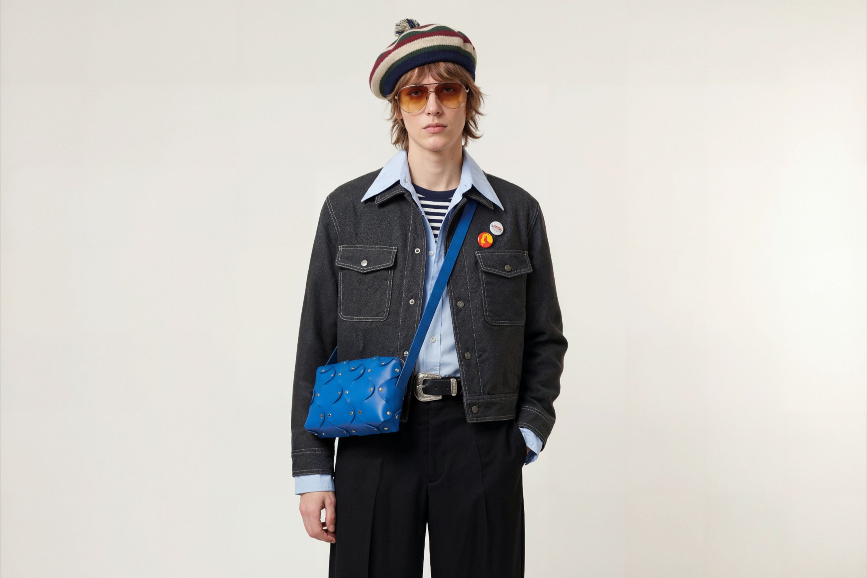 Marlin Leather Bag Royal Blue On A Man Model Quality Brass Rivet Designer Minimal Square Zipper Pouch Crossbody Handbag Clutch Shoulder Atelier Madre Manuel Dreesmann Barcelona