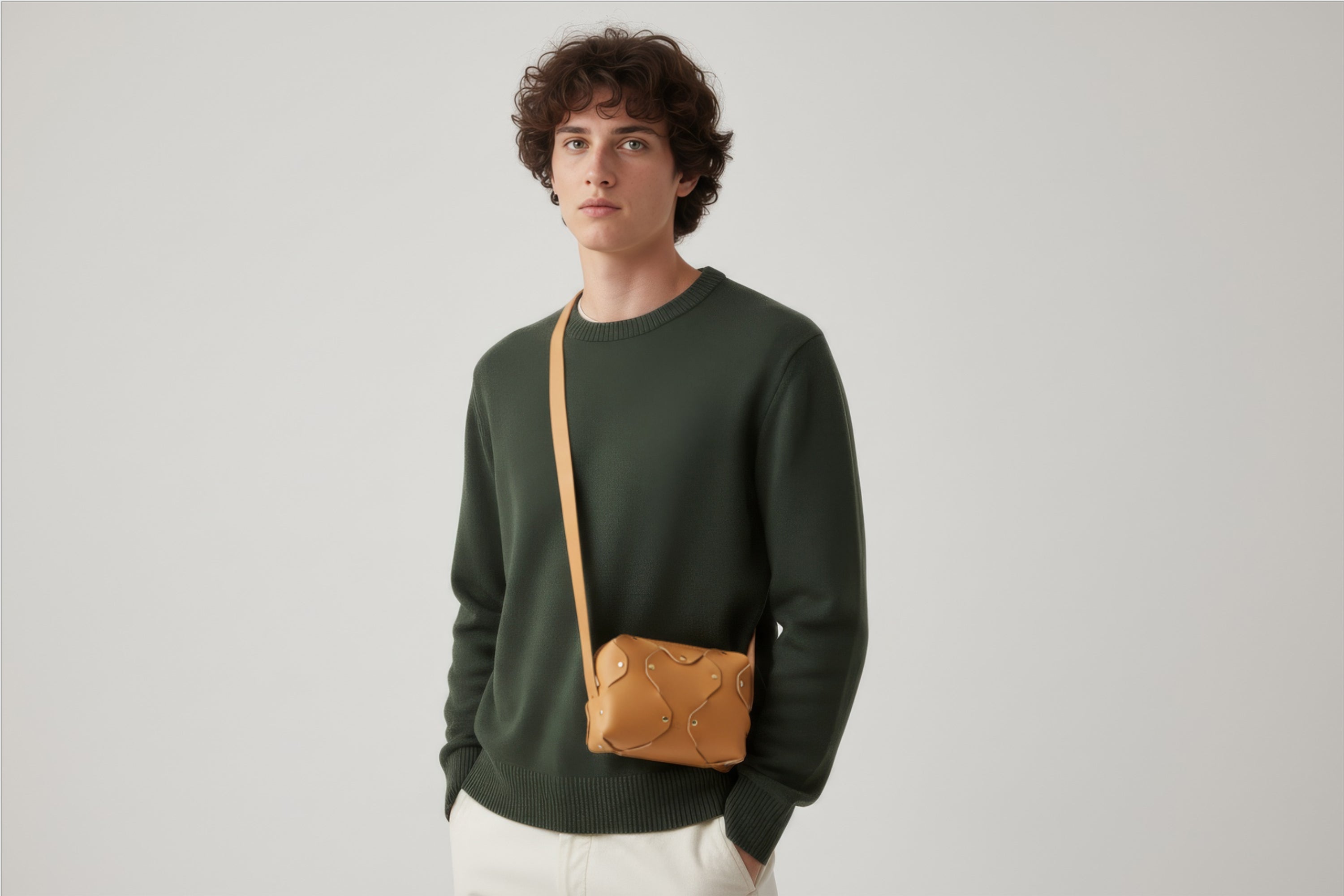 Marlin Leather Bag Small Brown Color On A Man Model Premium Quality Minimalist Design Atelier Madre Manuel Dreesmann Barcelona Spain