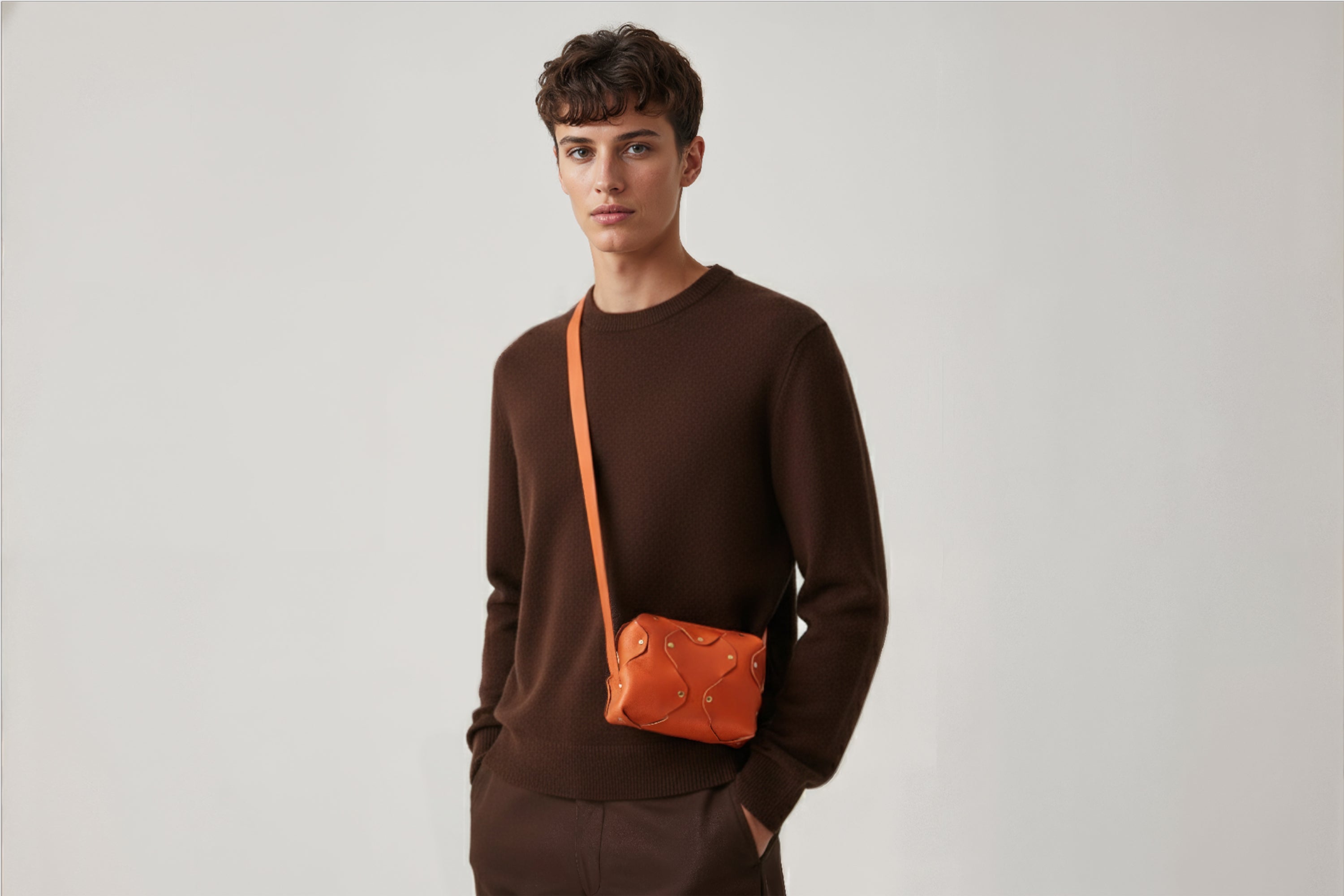 Marlin Leather Bag Small Orange Color On A Man Model Premium Quality Minimalist Design Atelier Madre Manuel Dreesmann Barcelona Spain