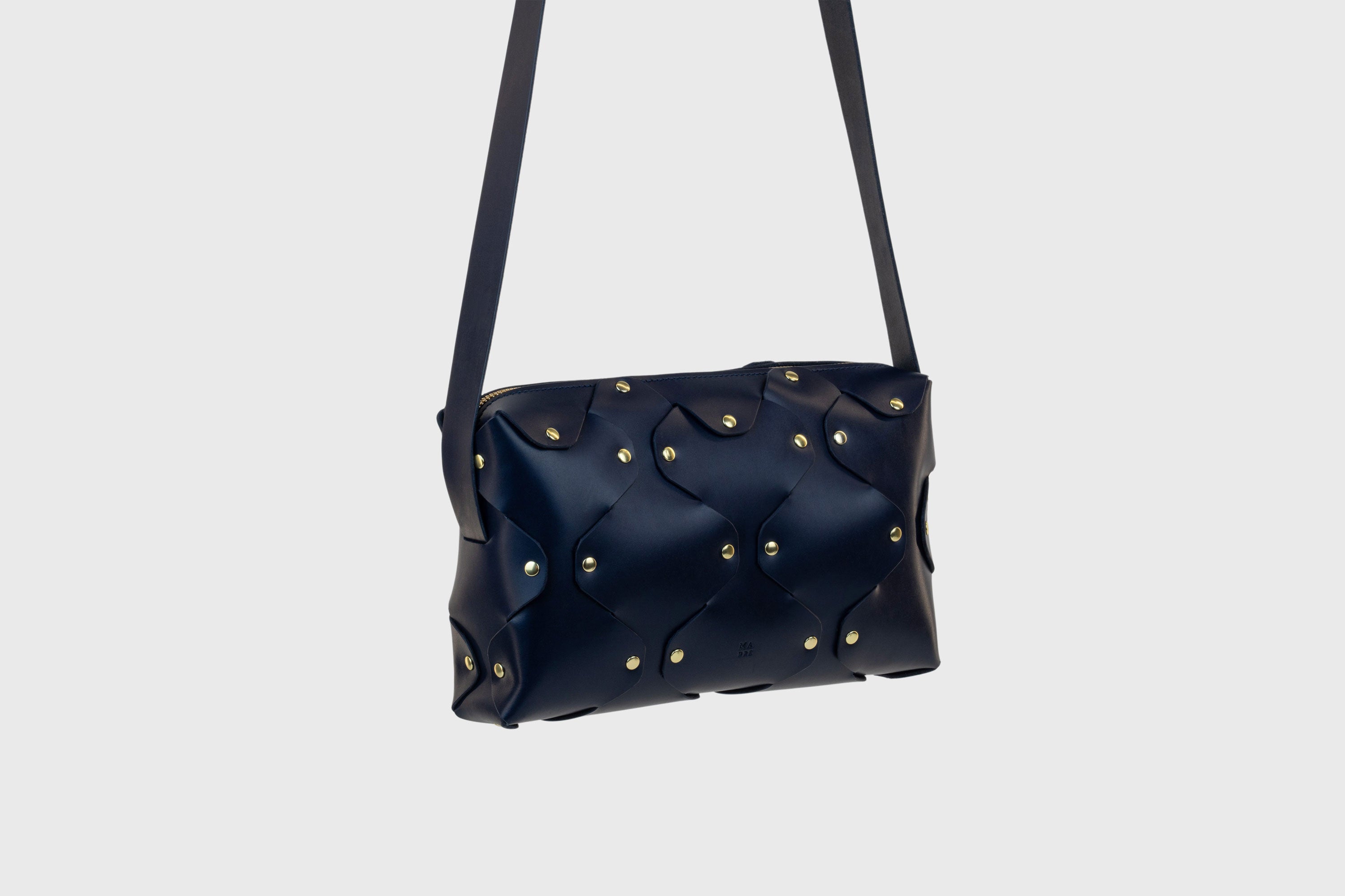 Marlin Leather Bag Dark Marine Blue Color Quality Brass Rivet Designer Minimal Square Zipper Pouch Crossbody Handbag Clutch Shoulder Atelier Madre Manuel Dreesmann Barcelona